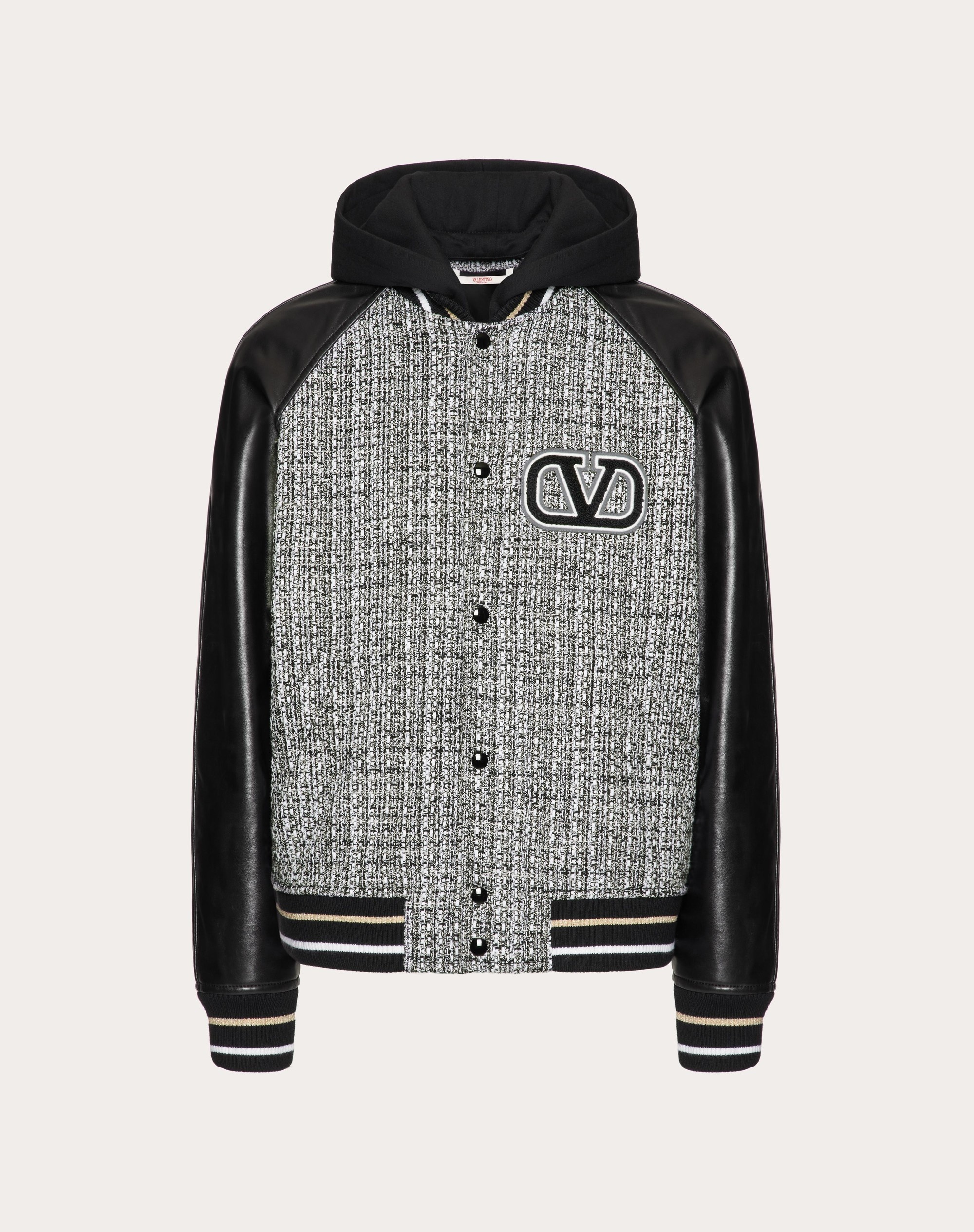 COTTON-WOOL TWEED HOODED BOMBER JACKET WITH VLOGO SIGNATURE EMBROIDERY - 1