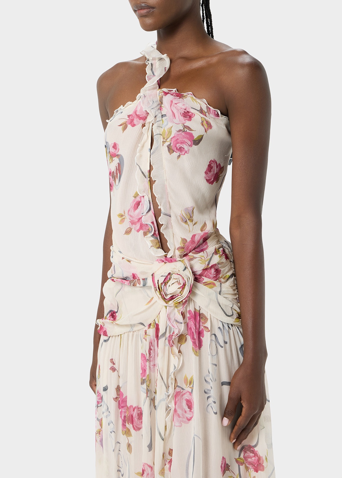 ONE-SHOULDER DRESS IN CREPONNE WITH RUFFLED ROSE DECORATION - 5