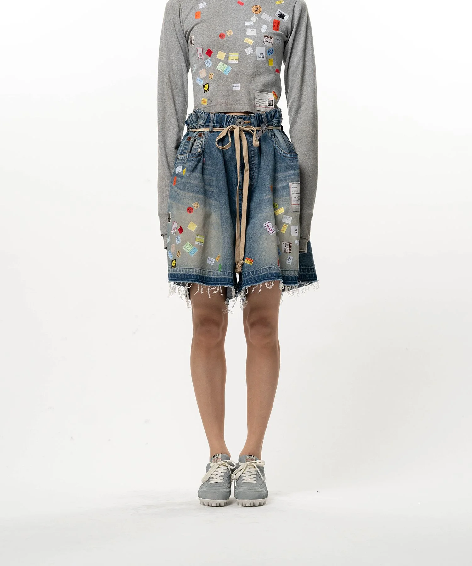 Price Tag Printed Denim Gather Shorts - 1