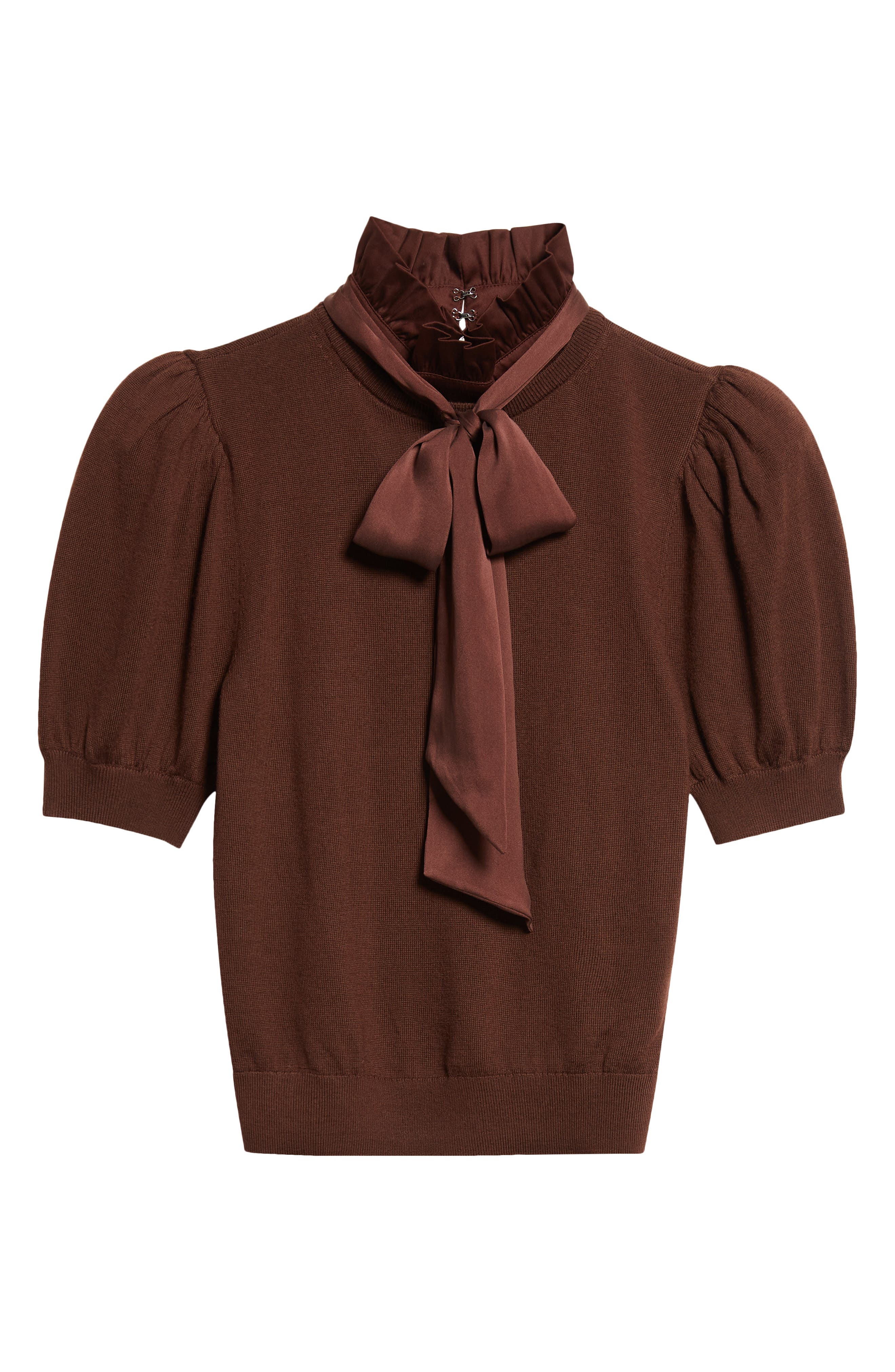 Alice + Olivia Chase Ruffle Tie Neck Stretch Wool Sweater in Dark Chocolate at Nordstrom - 5