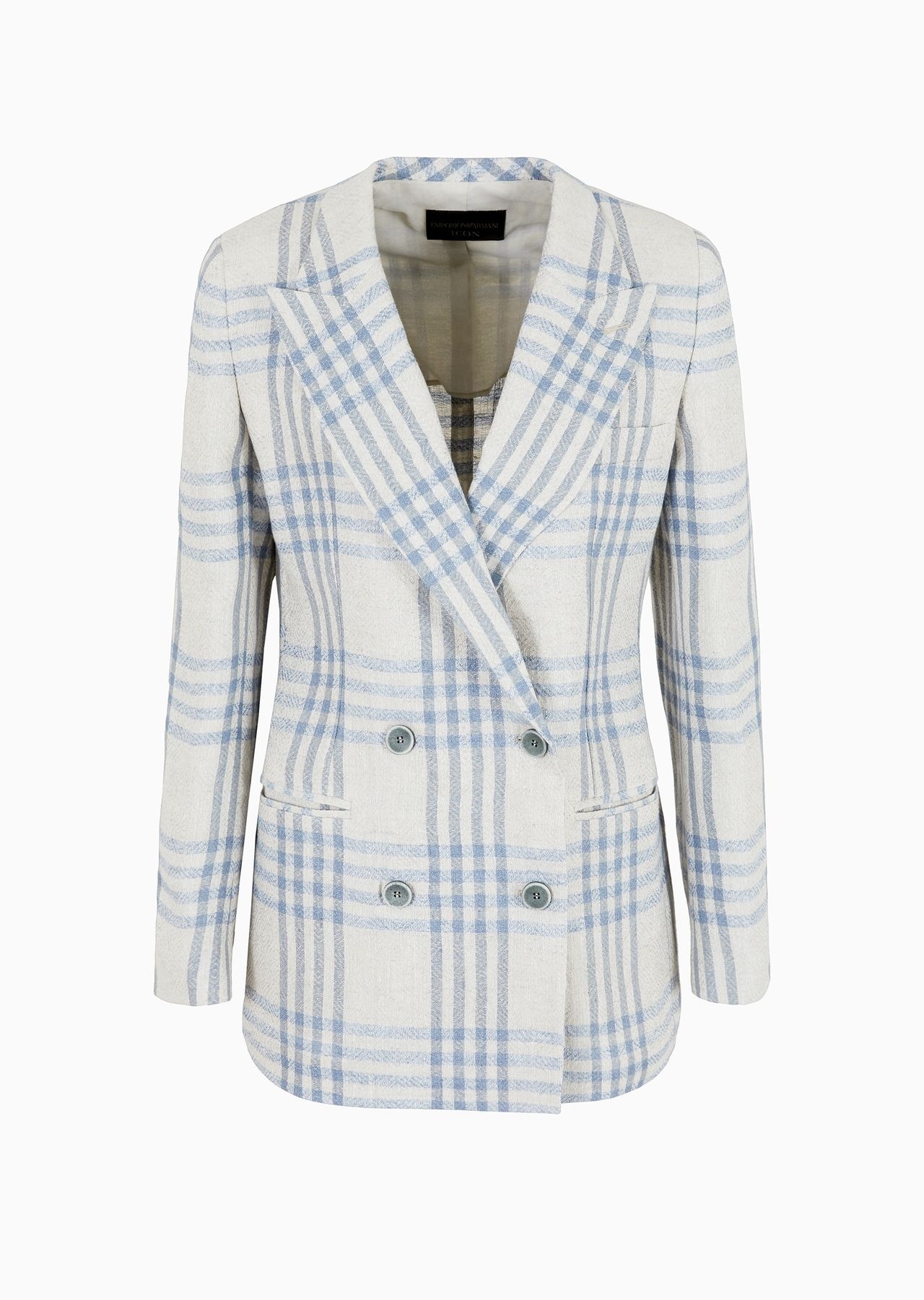 Icon double-breasted linen blazer with a jacquard check motif - 1