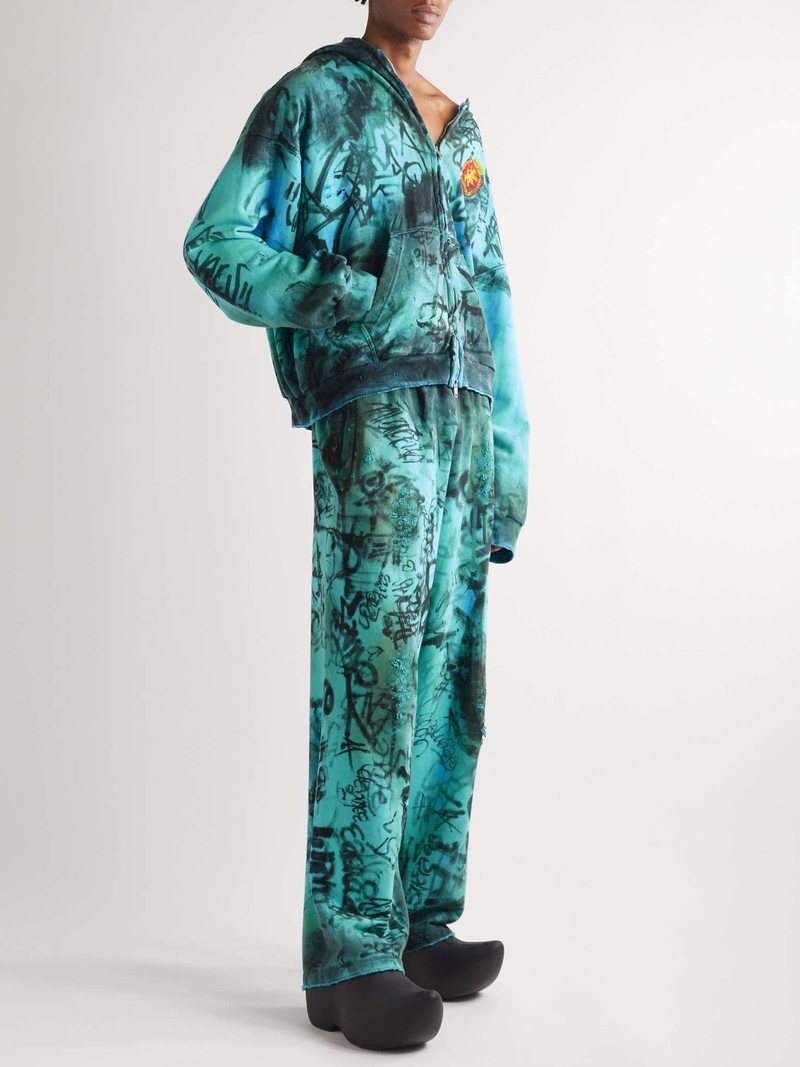 BALENCIAGA Wide-Leg Logo-Embroidered Distressed Printed Cotton-Jersey Sweatpants outlook