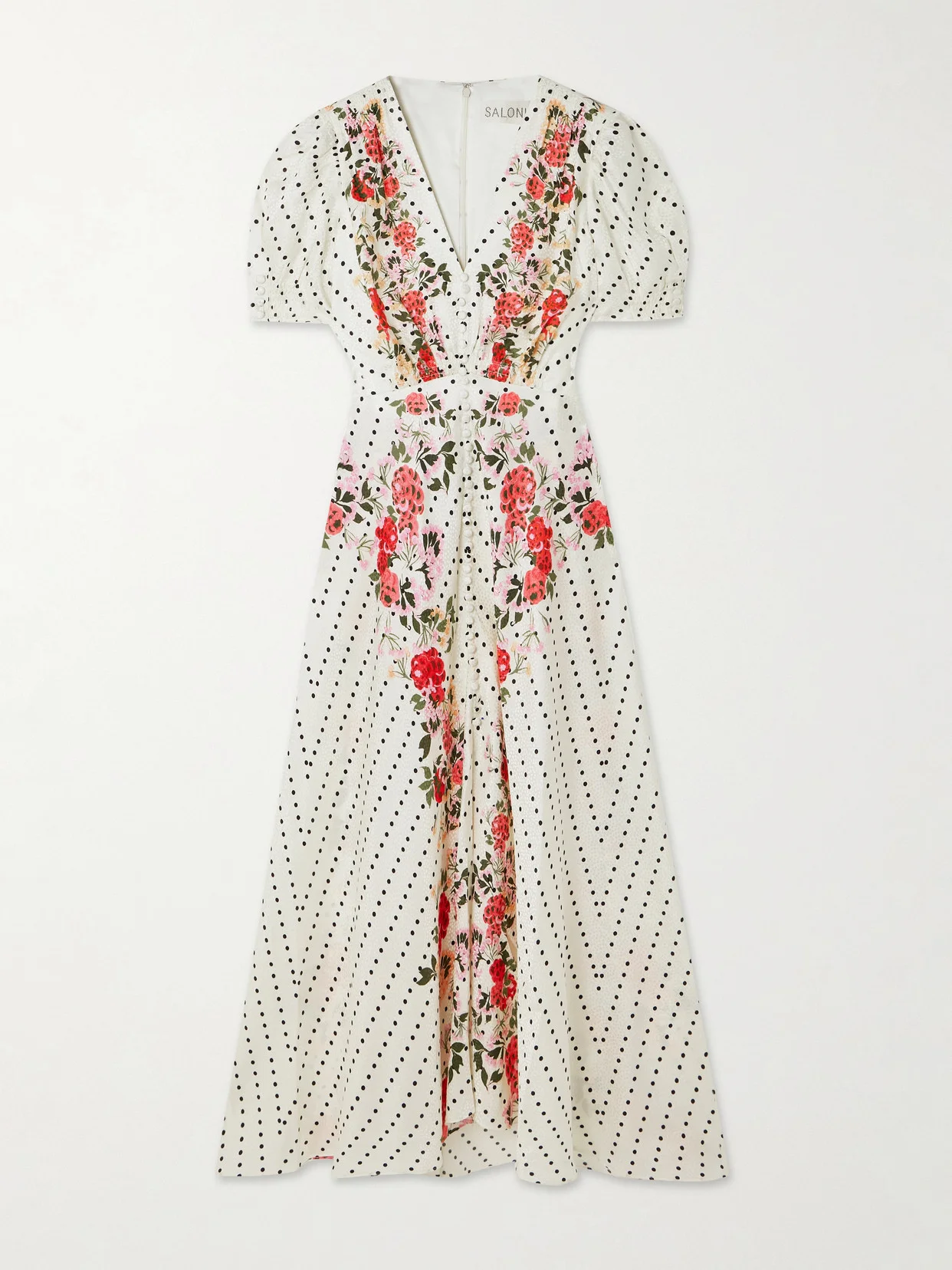 Lea Polka-dot Floral-print Silk-jacquard Midi Dress - 1