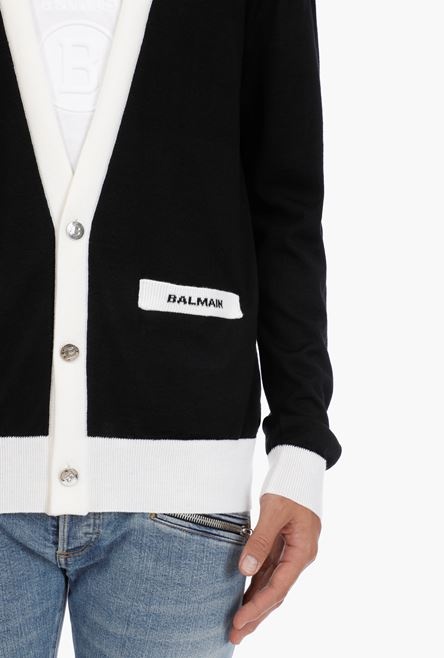 Black and white wool cardigan with small embroidered black Balmain logo - 6