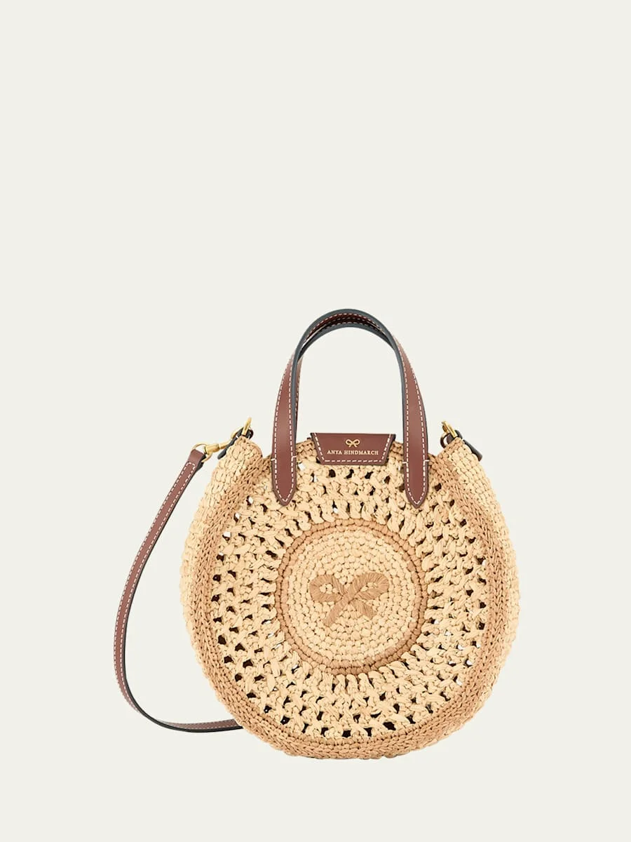 Small Bow Round Raffia Tote Crossbody Bag - 1