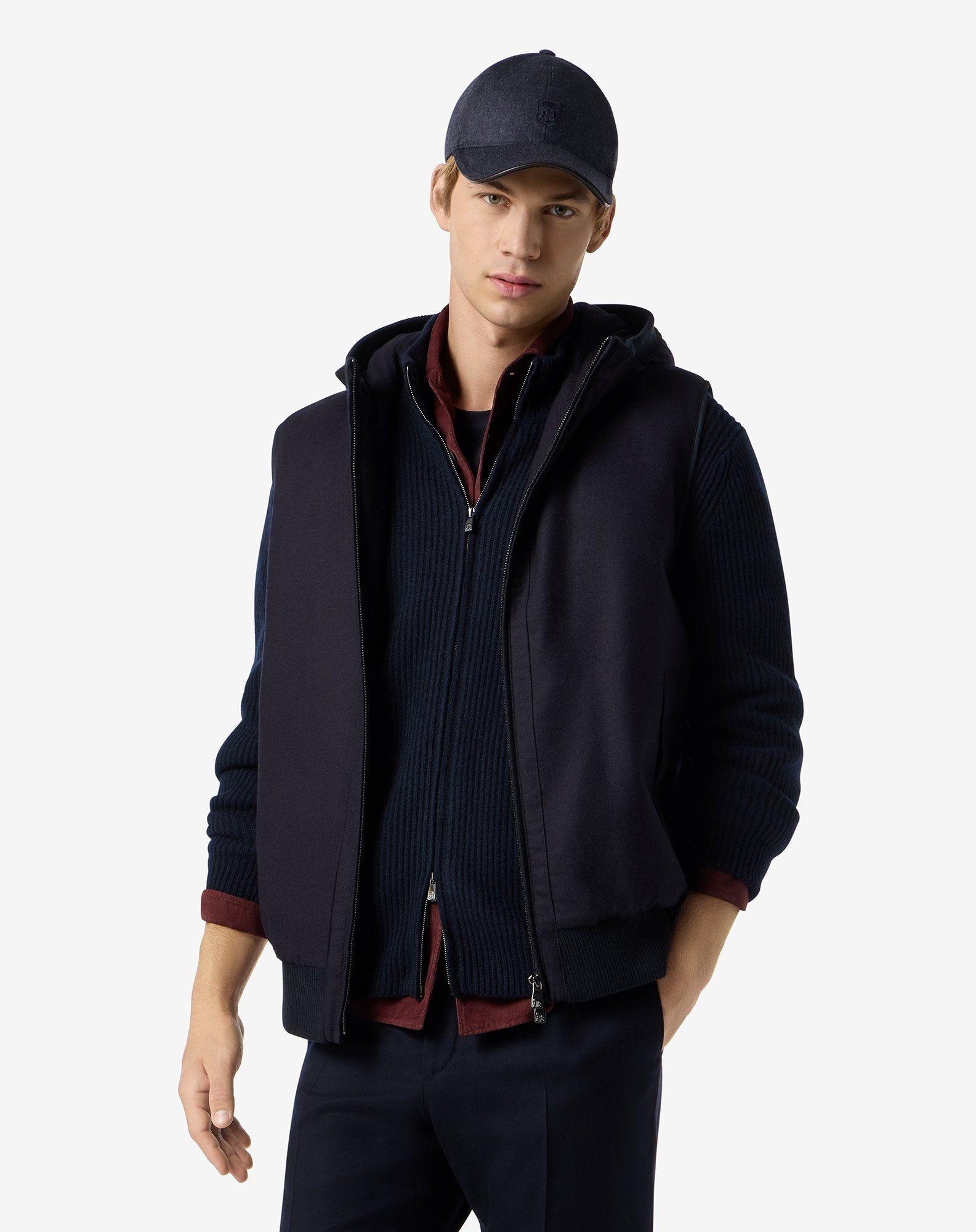 Blue technical cashmere gilet with hood - 2