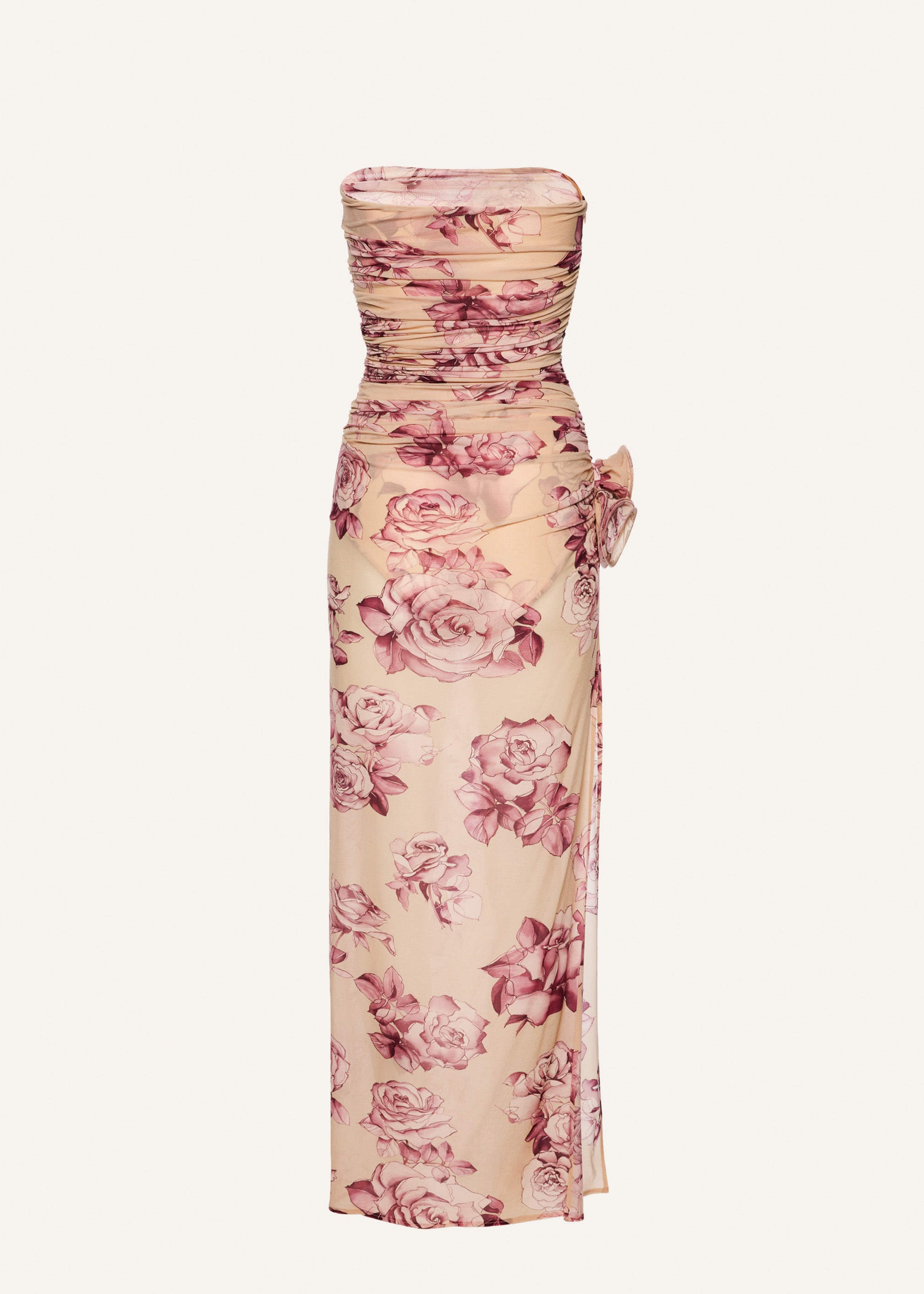 Strapless flower applique midi dress in beige print - 2