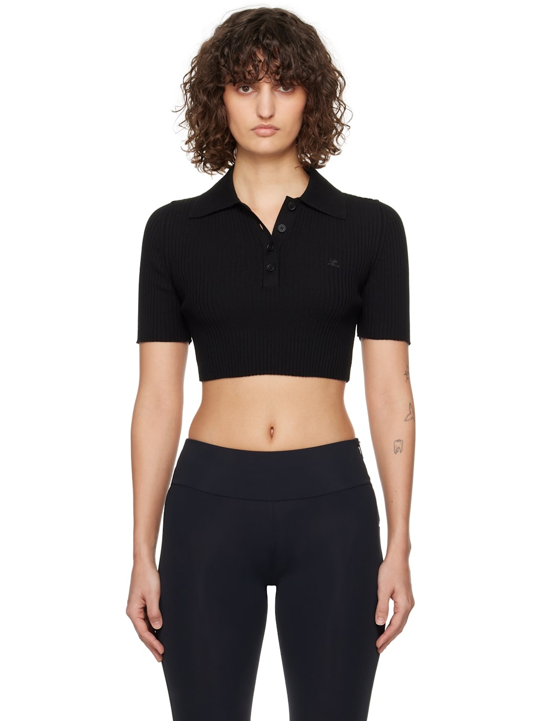 Black Cropped Knit Polo - 1