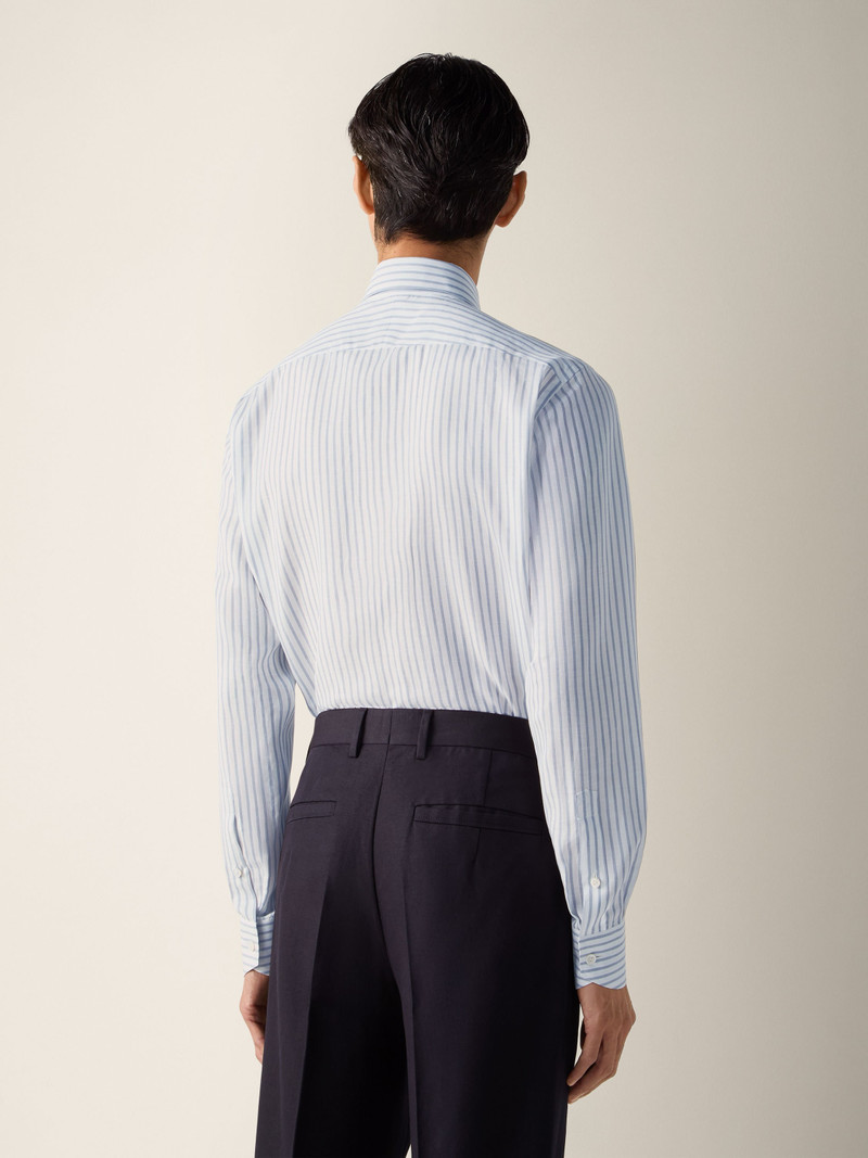 DARK INDIGO BLUE AND WHITE STRIPED COTTON LINEN AND SILK SHIRT 4