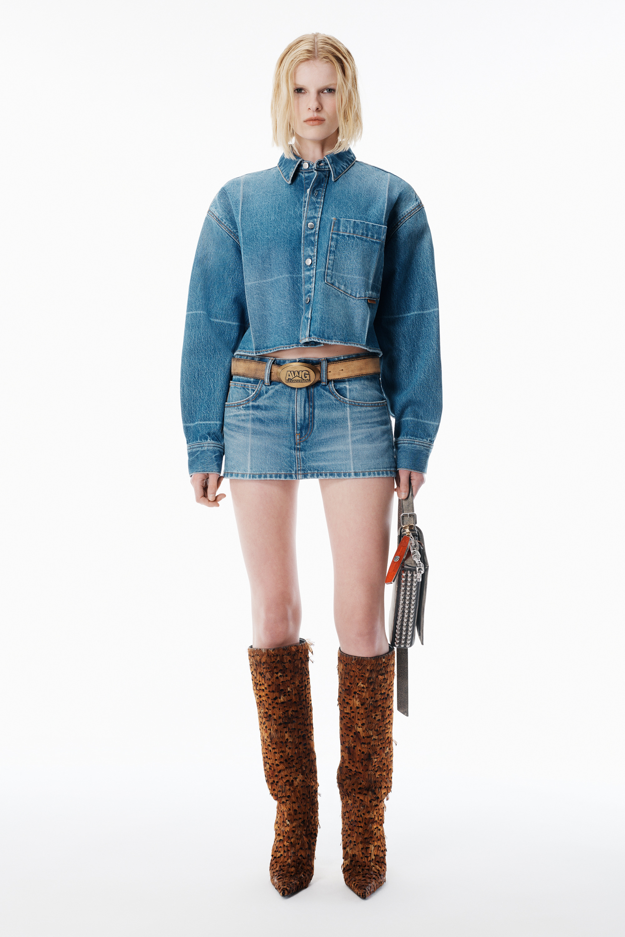 Vintage-Effect Marbled Blue Denim Cropped Shirt - 5