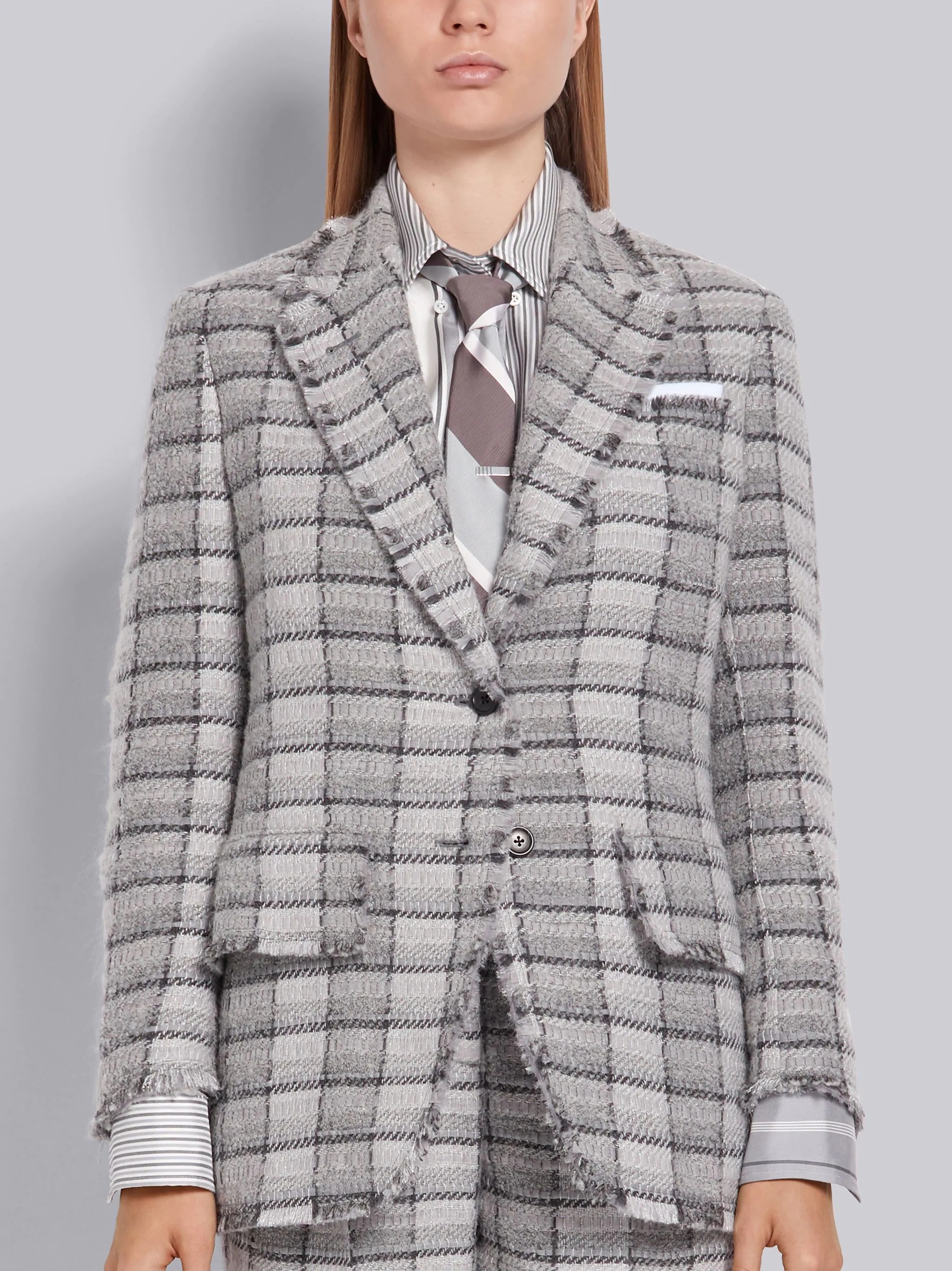 Medium Grey Oversized Check Organza Ribbon Wool Tweed Frayed Wide Lapel Jacket - 7