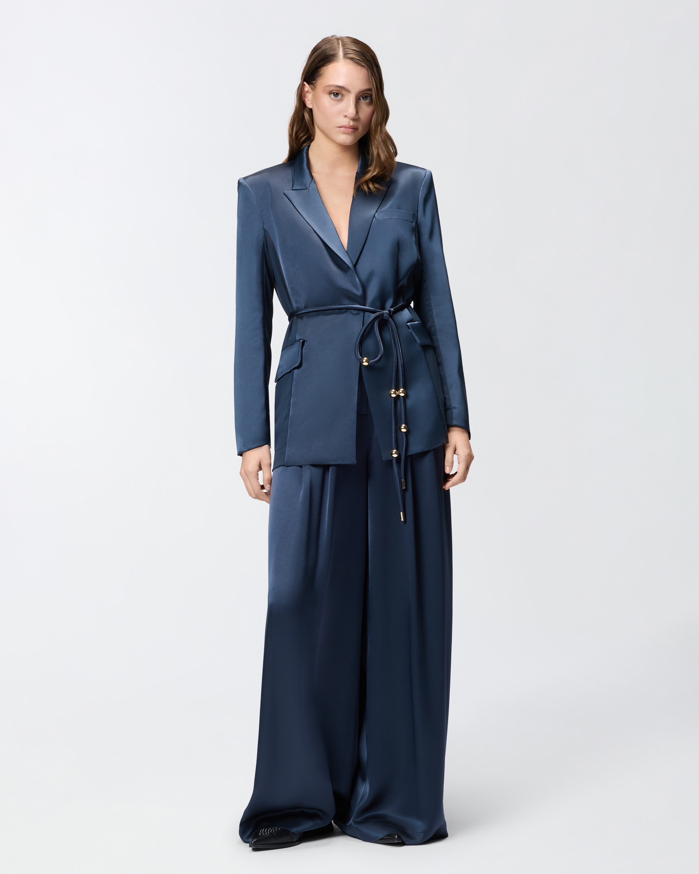 GLOSSY SATIN BLAZER WITH BELT AND SPHERE ACCENT - 3