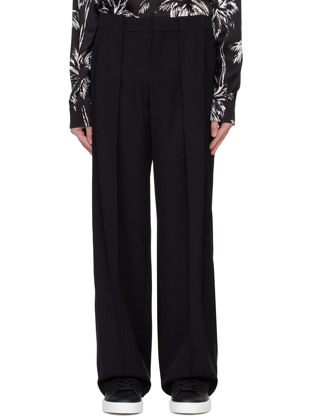 Black Pleated Grain De Poudre Trousers - 1