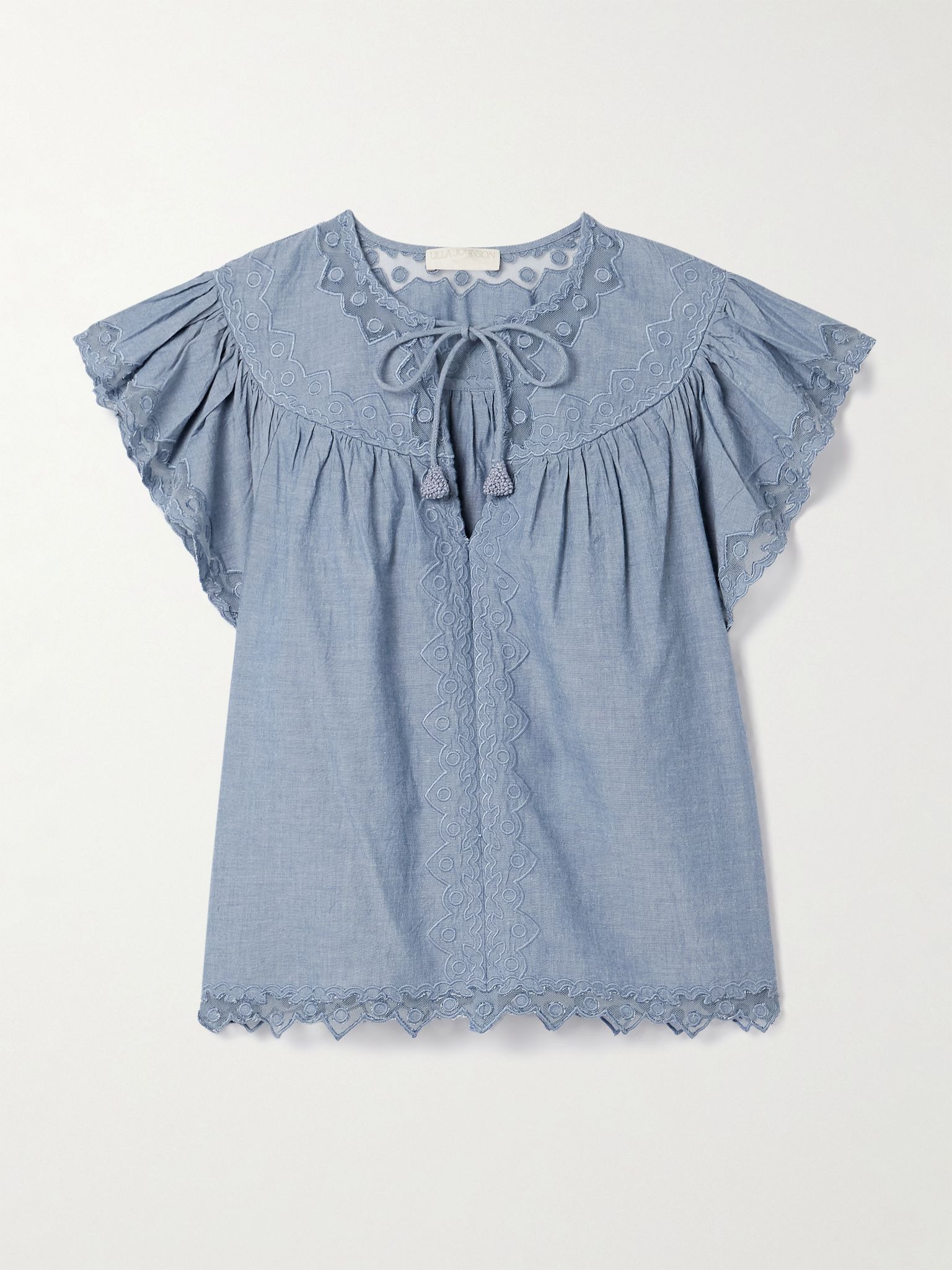 Effie embroidered mesh-trimmed cotton-chambray blouse Blue - 1
