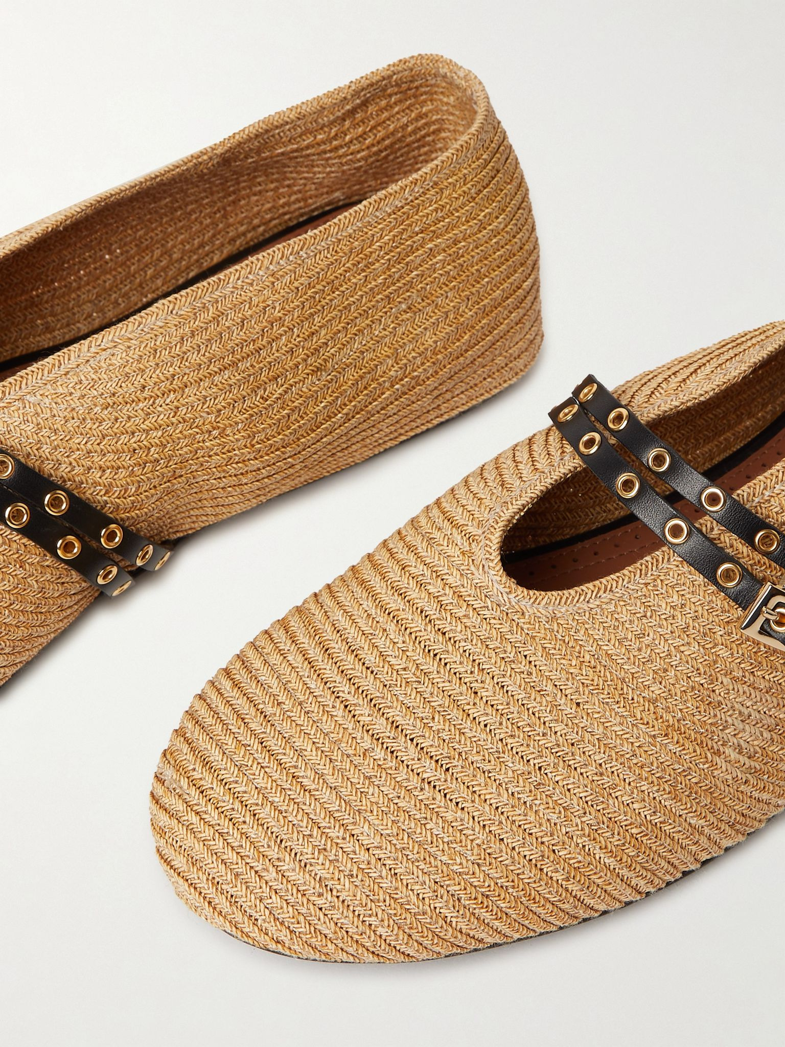Leather-trimmed raffia ballet flats Beige - 4