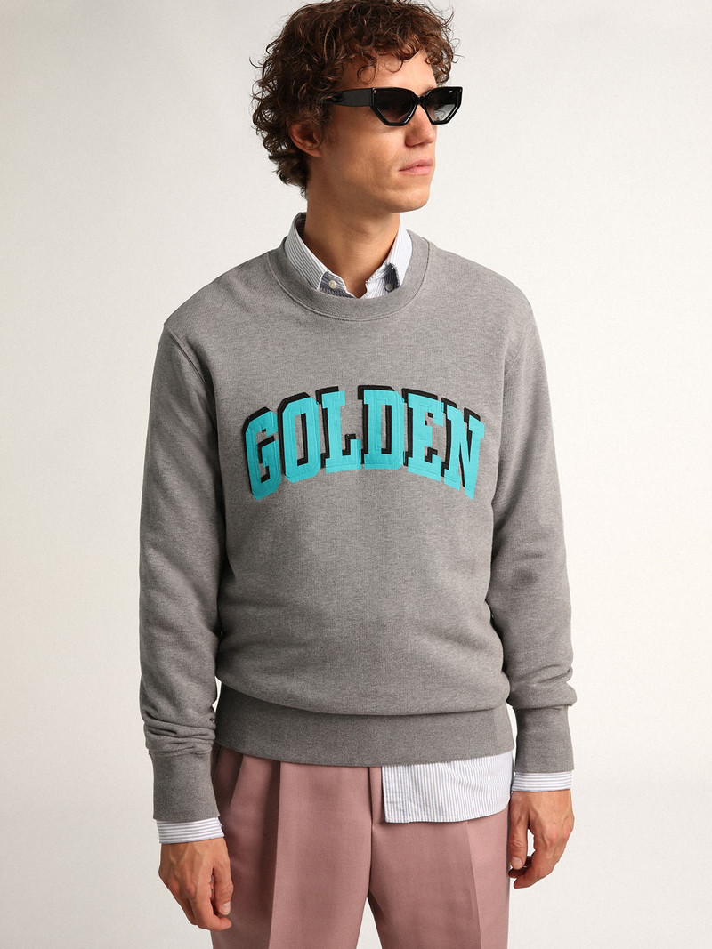 Gray Journey Collection sweatshirt with contrasting turquoise Golden lettering 5