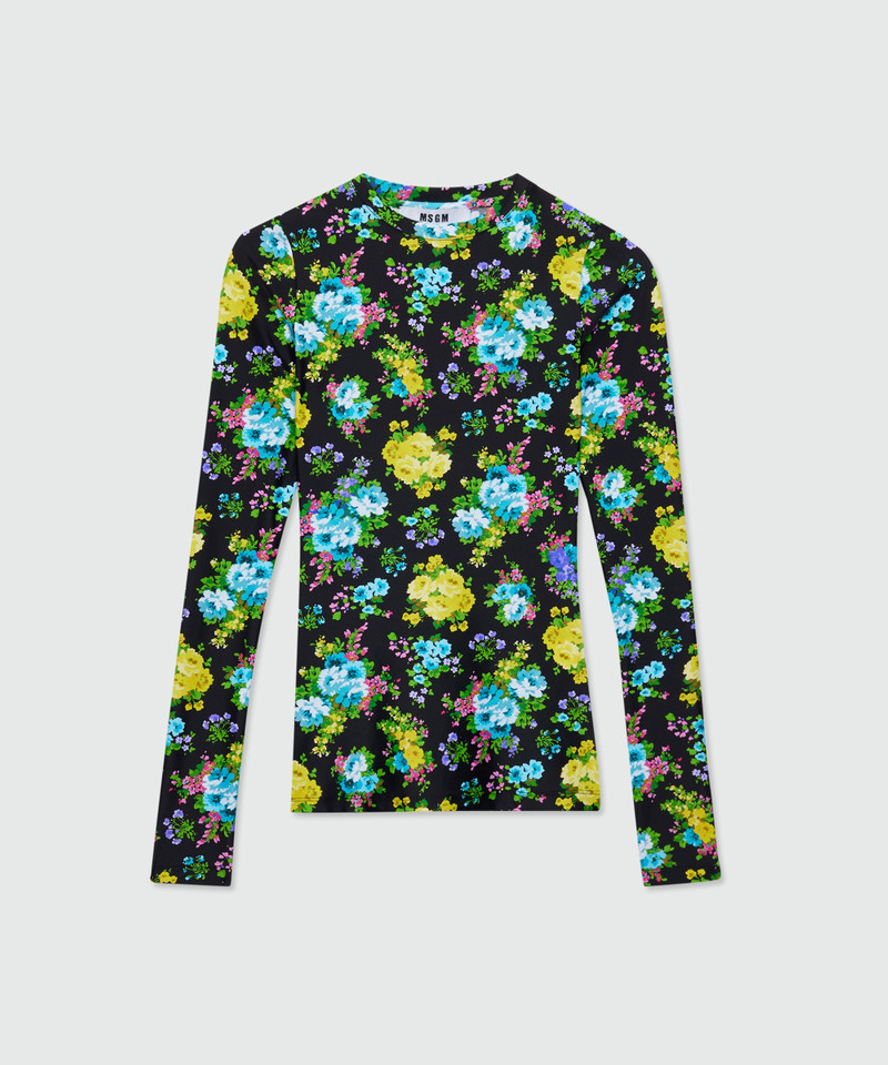 Black lycra T-shirt with floral print 1
