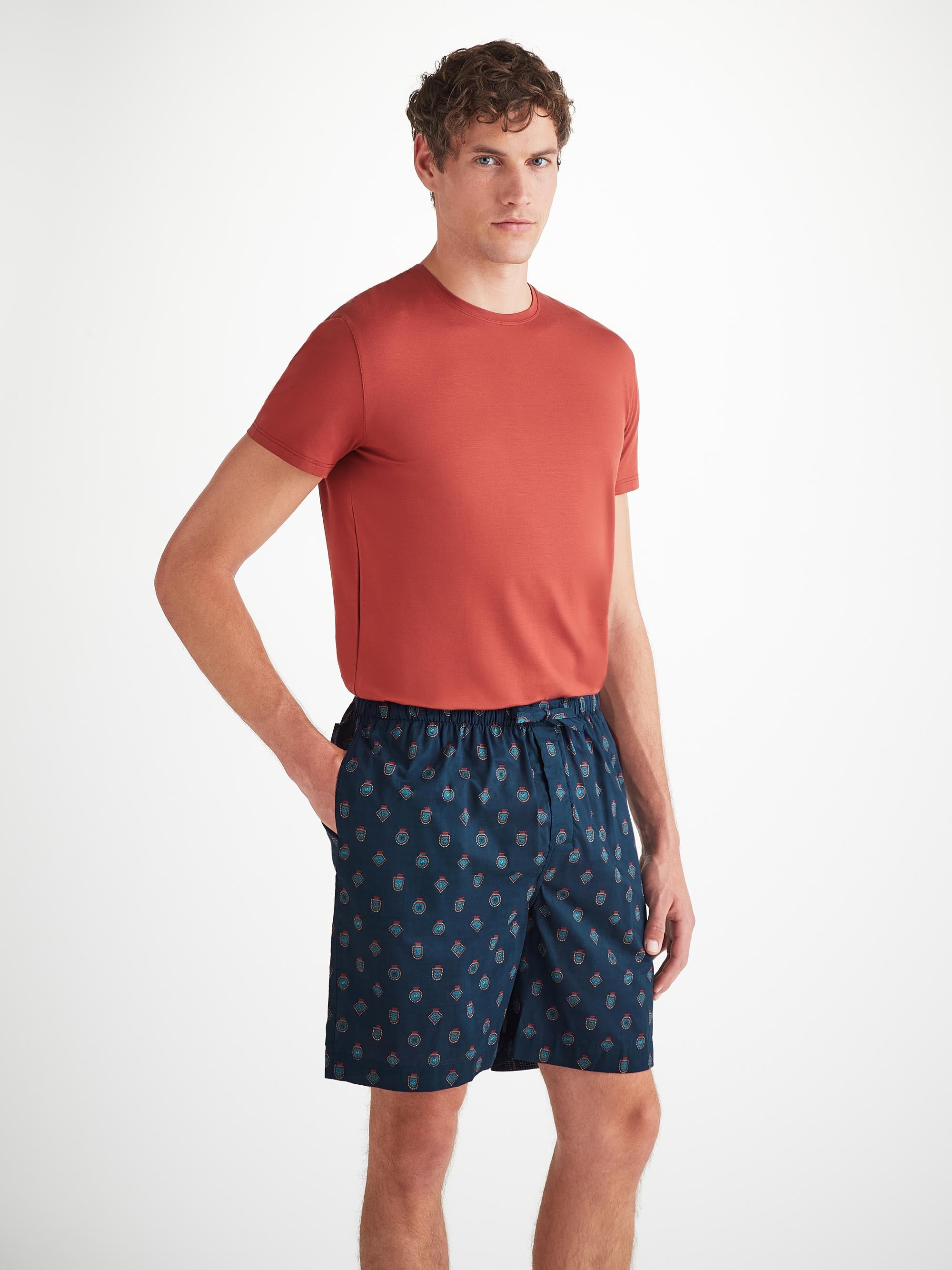 Men's Lounge Shorts Cotton Batiste Navy Badge Print - 5