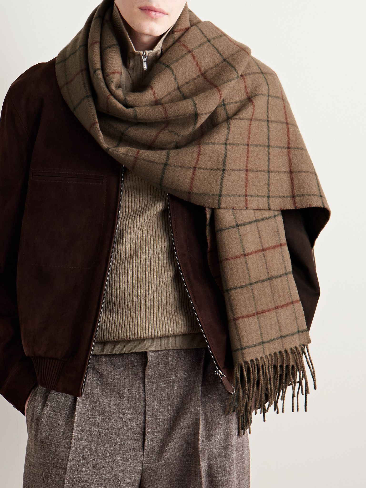 Double Belt Fringed Checked Cashmere Scarf Brown - 2