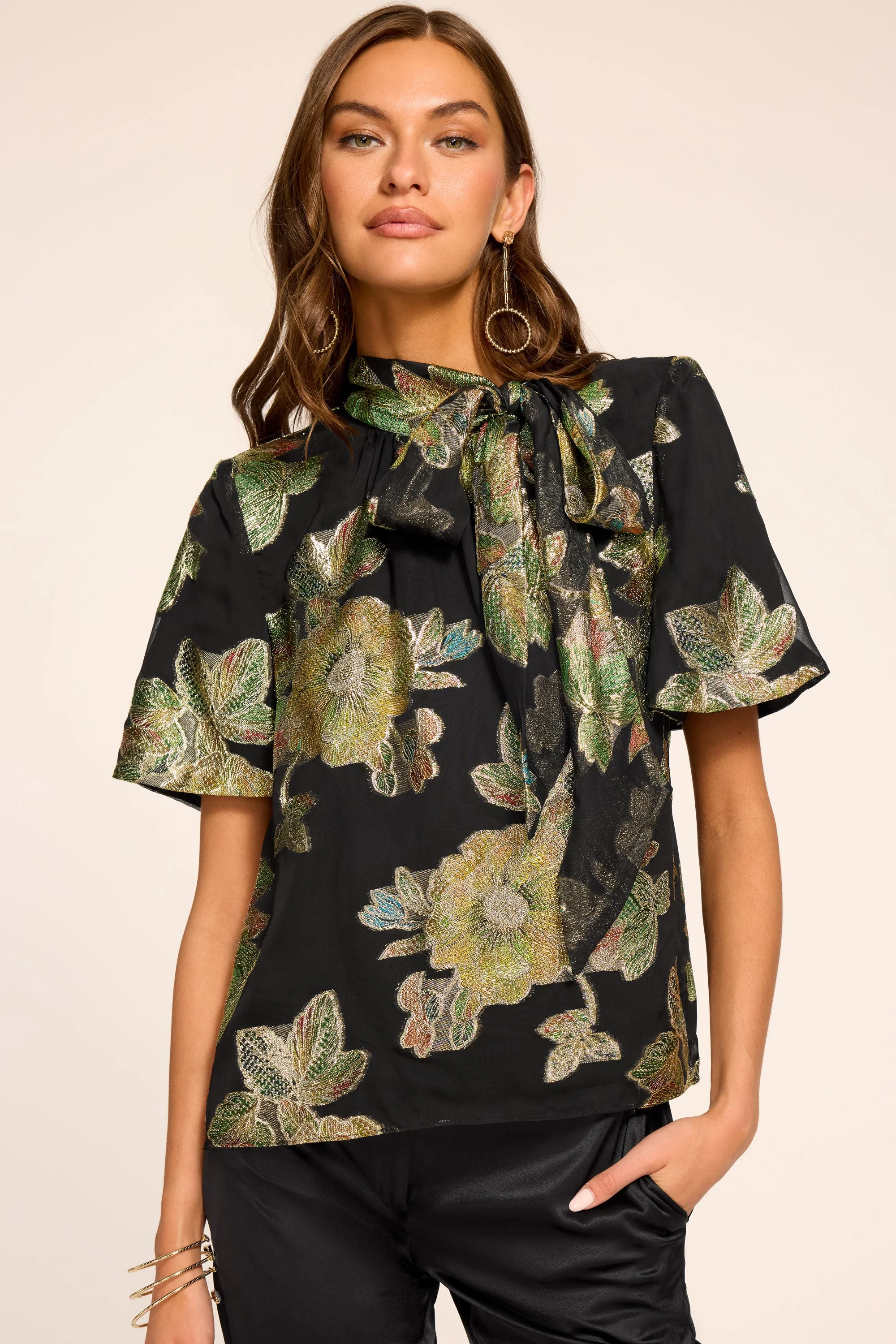 Balinda Printed Tie Neck Short Sleeve Blouse - 1