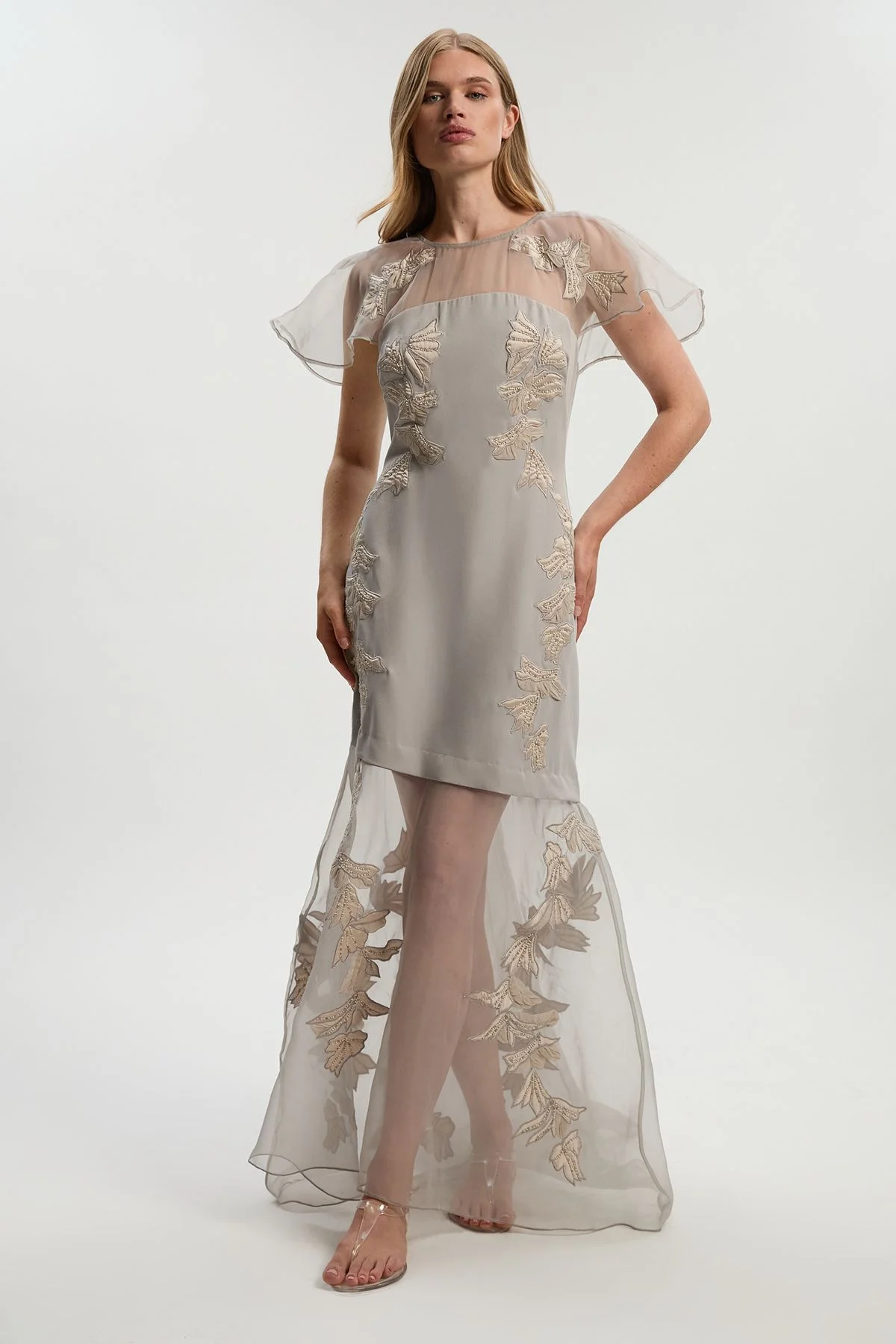 Quilted Applique Organdie Angel Sleeve Woven Maxi Dress - 1