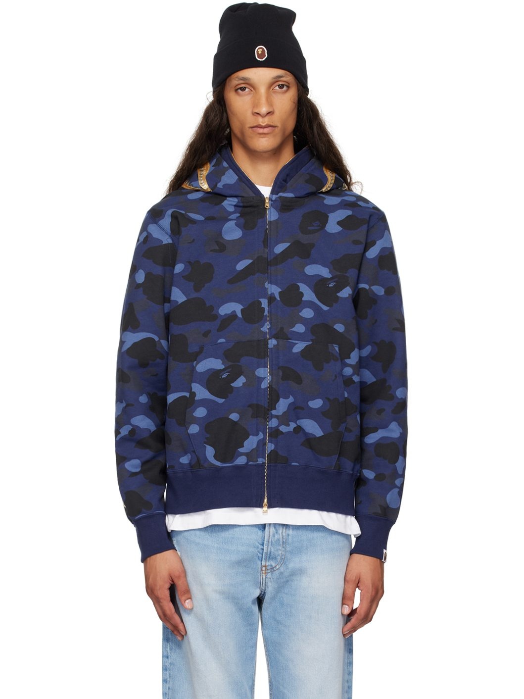 Navy Color Camo Double Shark Full Zip Hoodie - 1