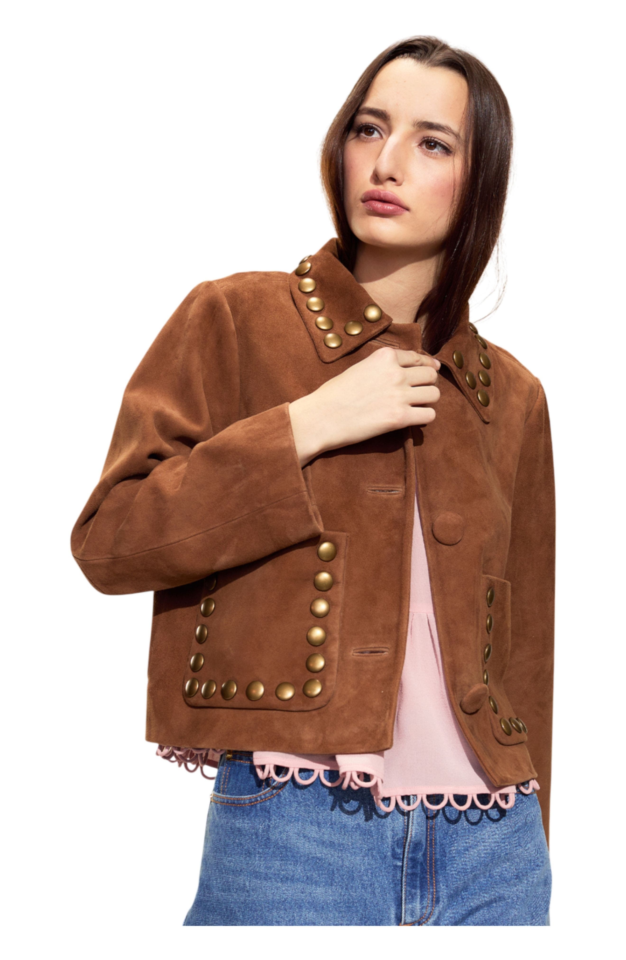 Cynthia Rowley Studded Suede Cropped Jacket in Brown at Nordstrom - 2