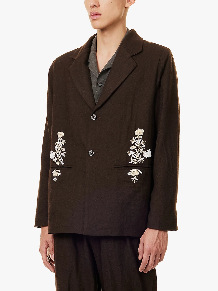 Floral-embroidered regular-fit wool blazer - 3