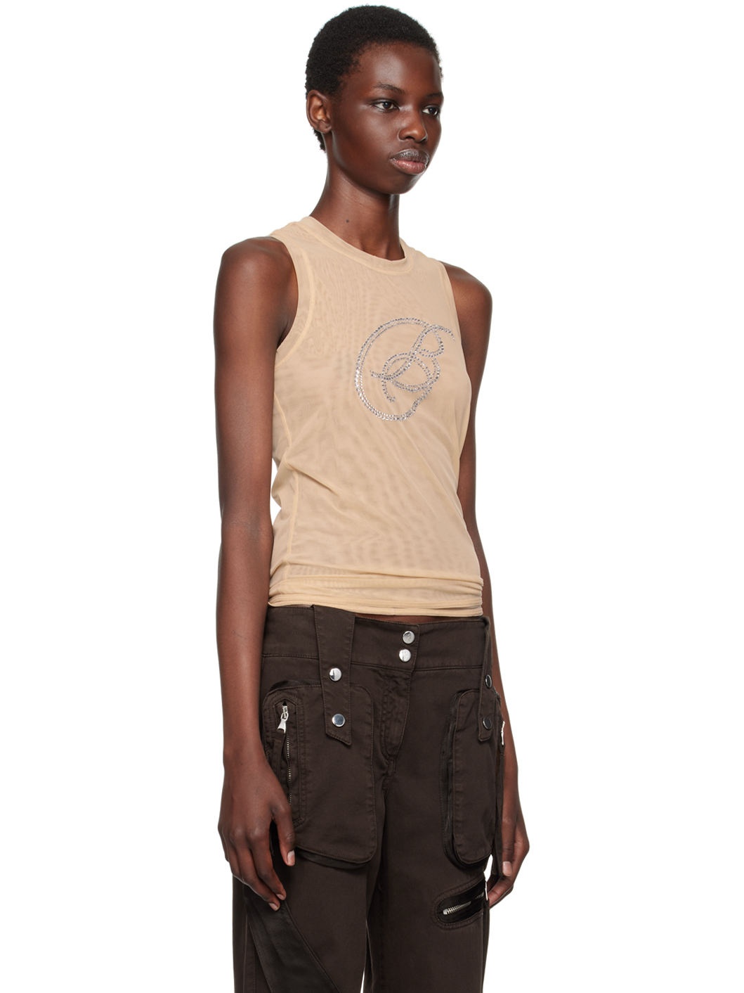 Beige Rhinestone B Monogram Tank Top - 2