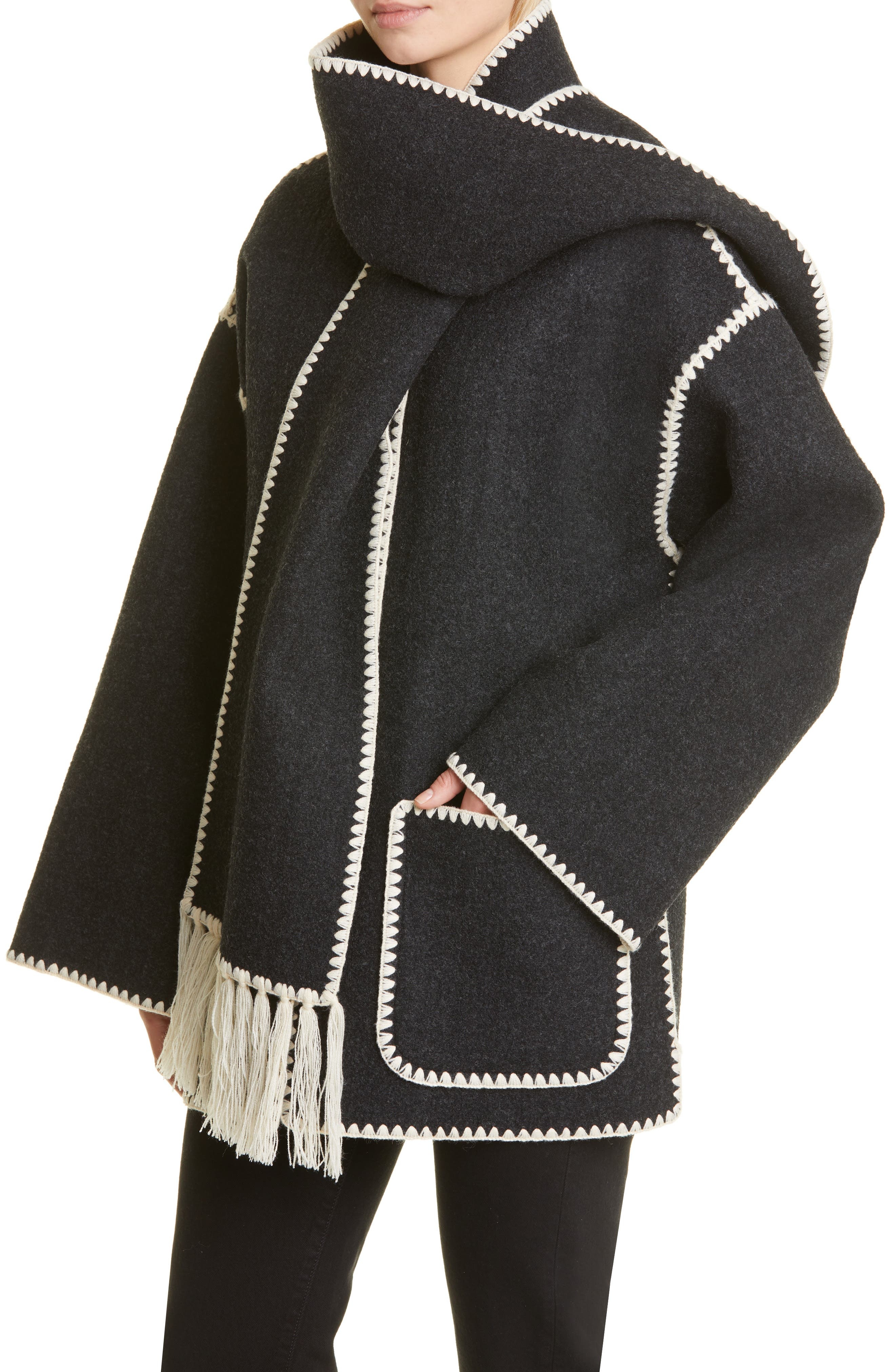 TOTEME Chain Stitch Wool Blend Scarf Jacket in Dark Grey Melange at Nordstrom - 4
