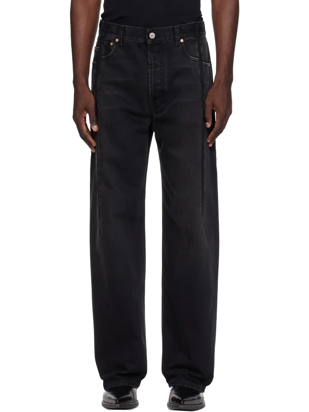 Black Pinched Cut-Up Jeans - 1