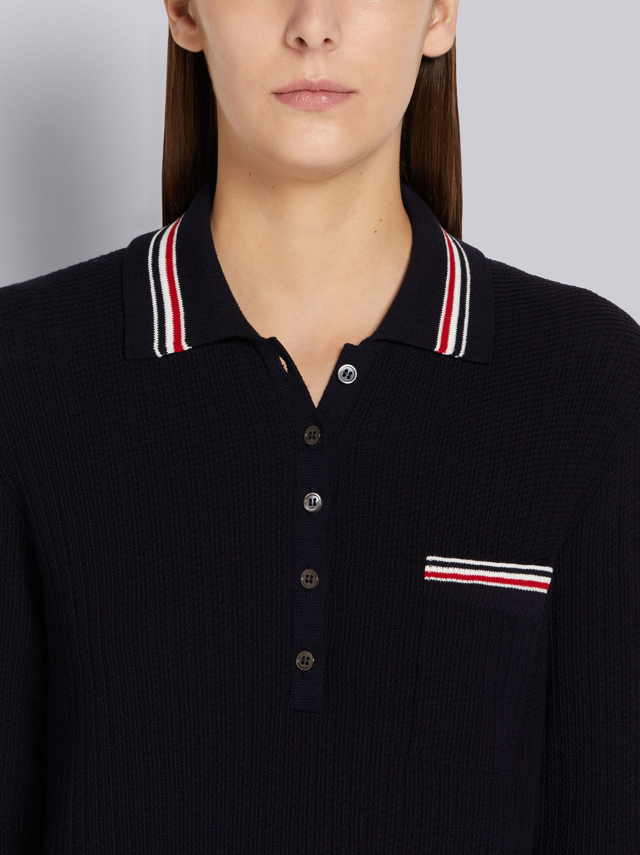 Navy Overtwisted Cotton Textured Stitch Stripe Long-sleeved Polo Dress - 5