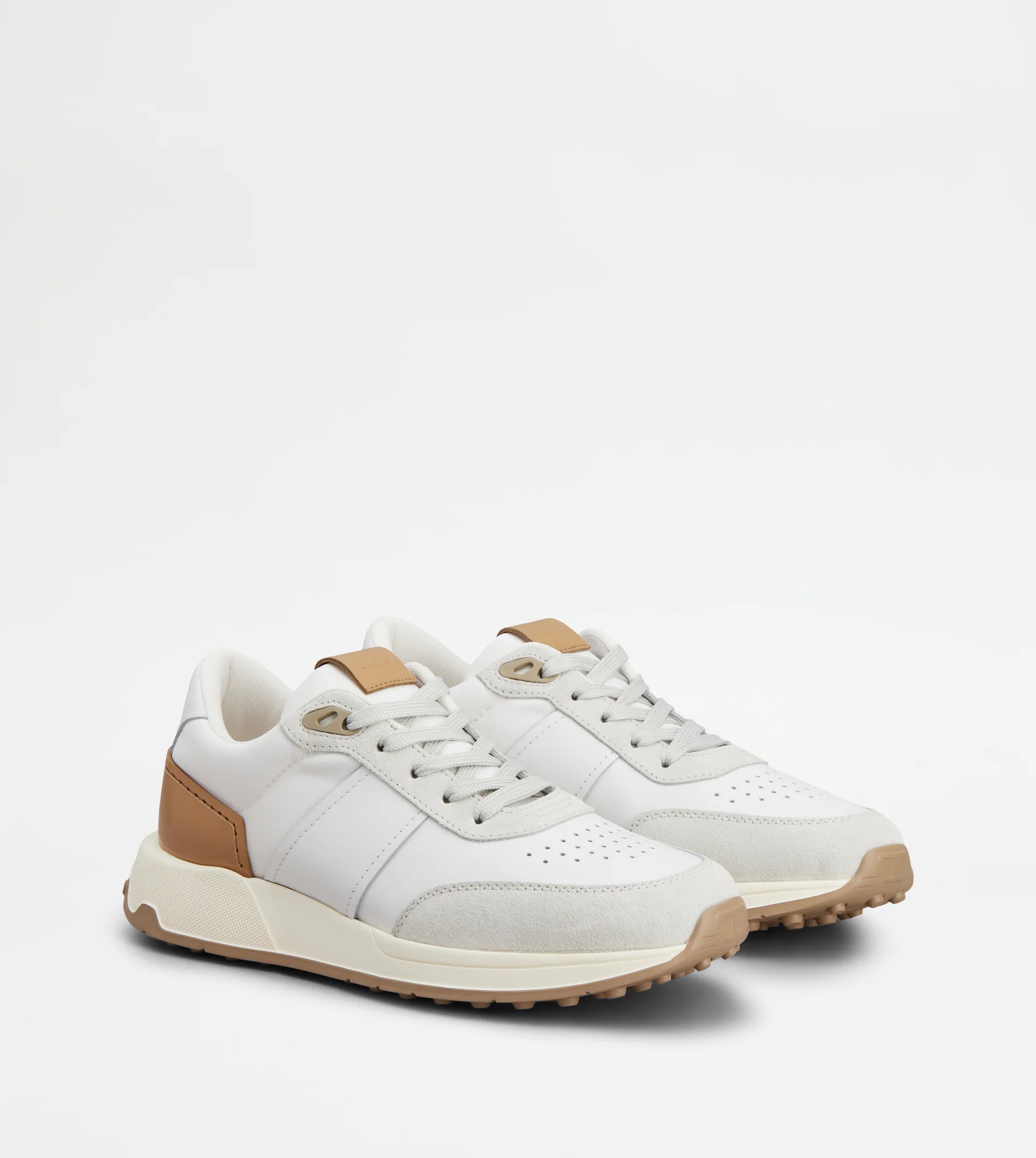 SNEAKERS IN LEATHER AND TECHNICAL FABRIC - WHITE, BROWN - 2