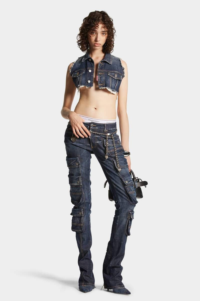 DARK CLEAN WASH DENIM TRUMPET CARGO PANT 3