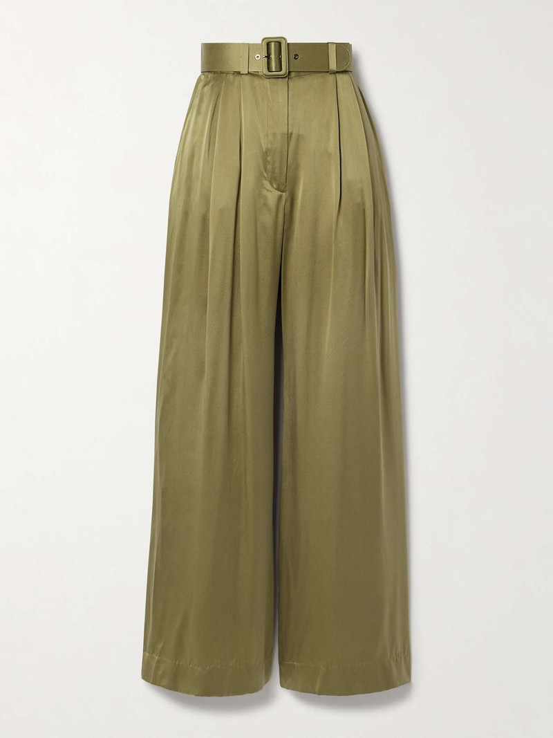 Belted pleated silk-satin wide-leg pants 1