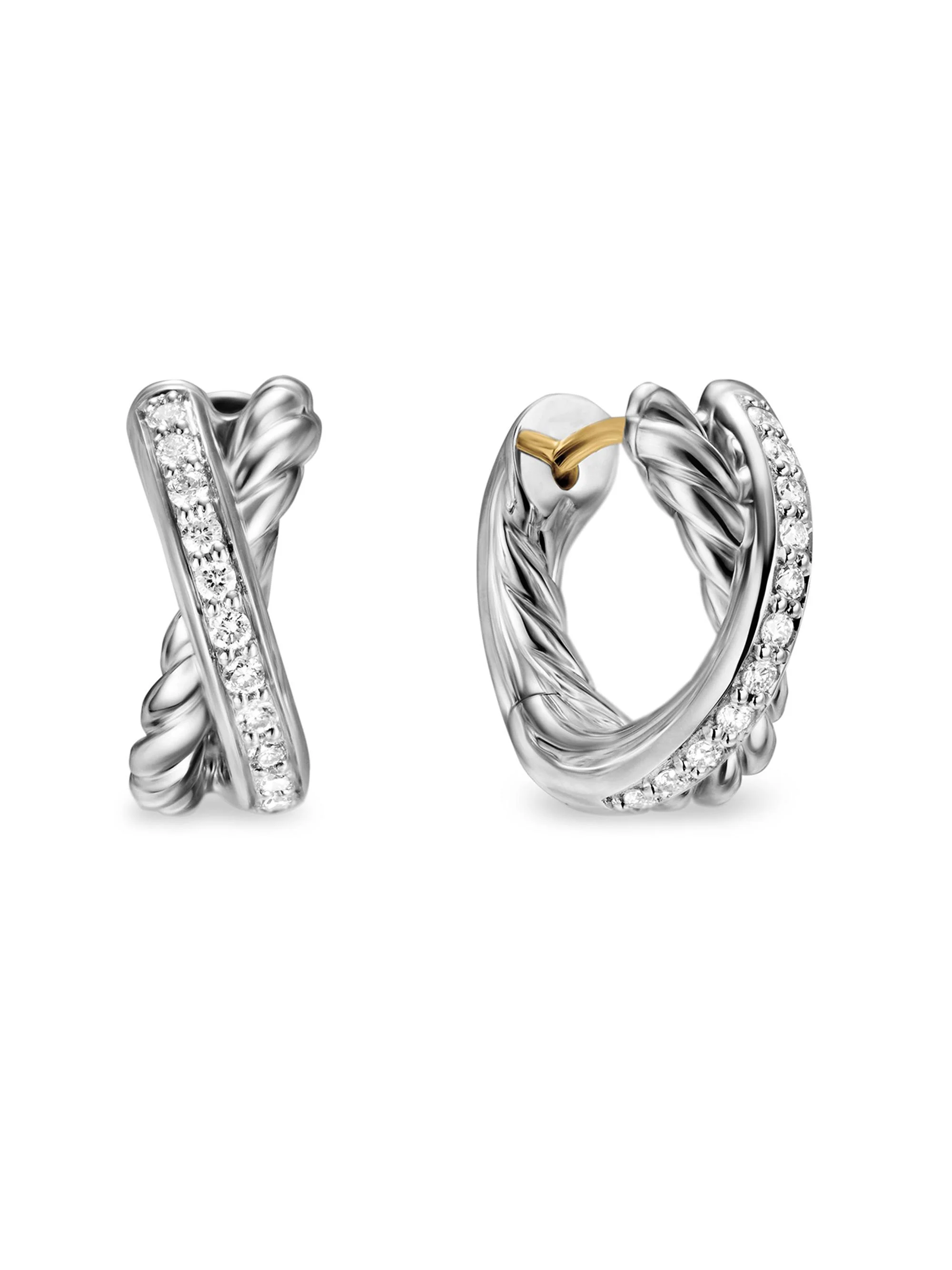 Women's Crossover Huggie Hoop Earrings in Sterling Silver with Diamonds, 12.4MM - Diamond - 1