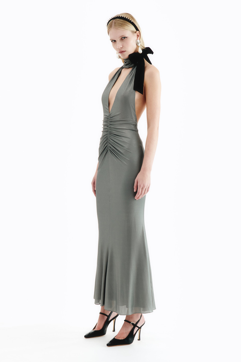 Alessandra Rich LAMINATED JERSEY EVENING DRESS WITH HALTERNECK outlook