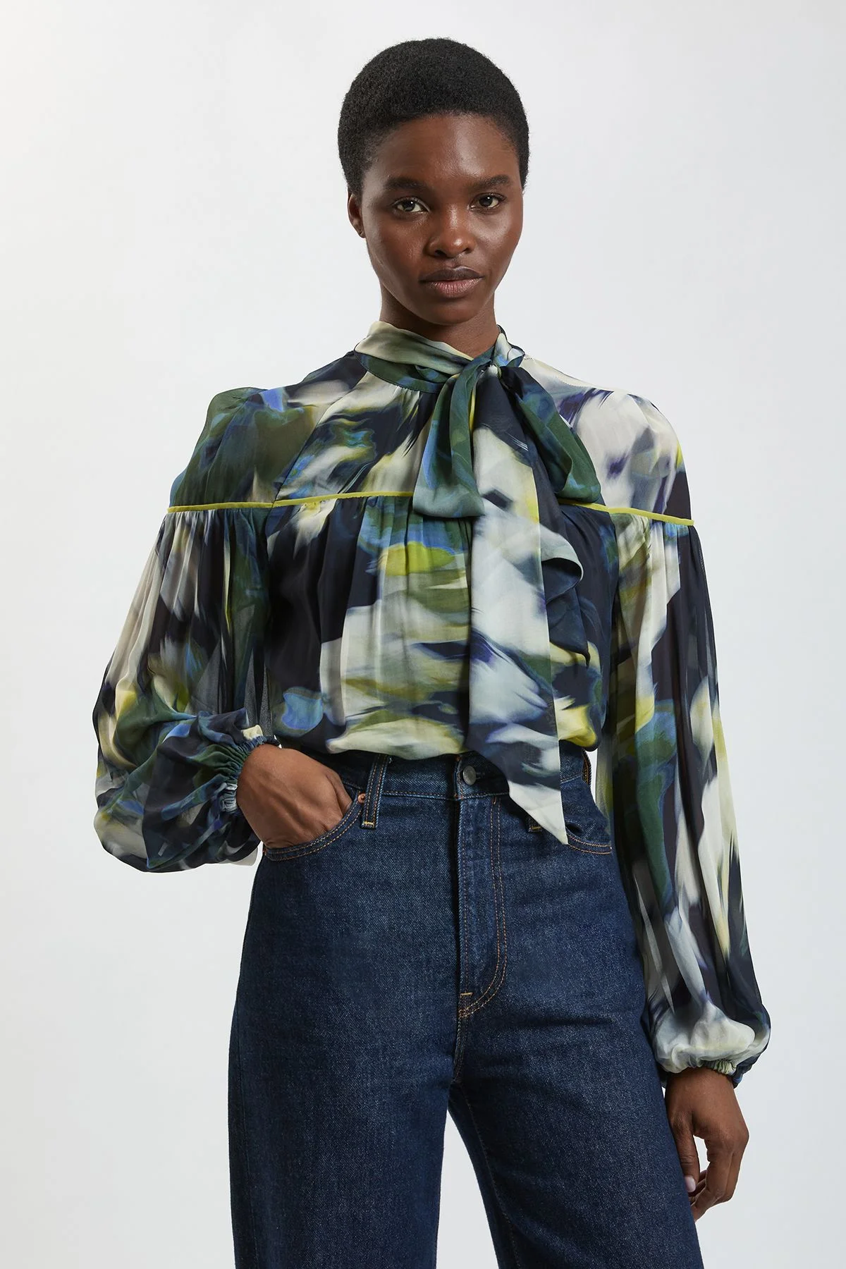 Viscose Floral Print Woven Tie Neck Blouse - 1