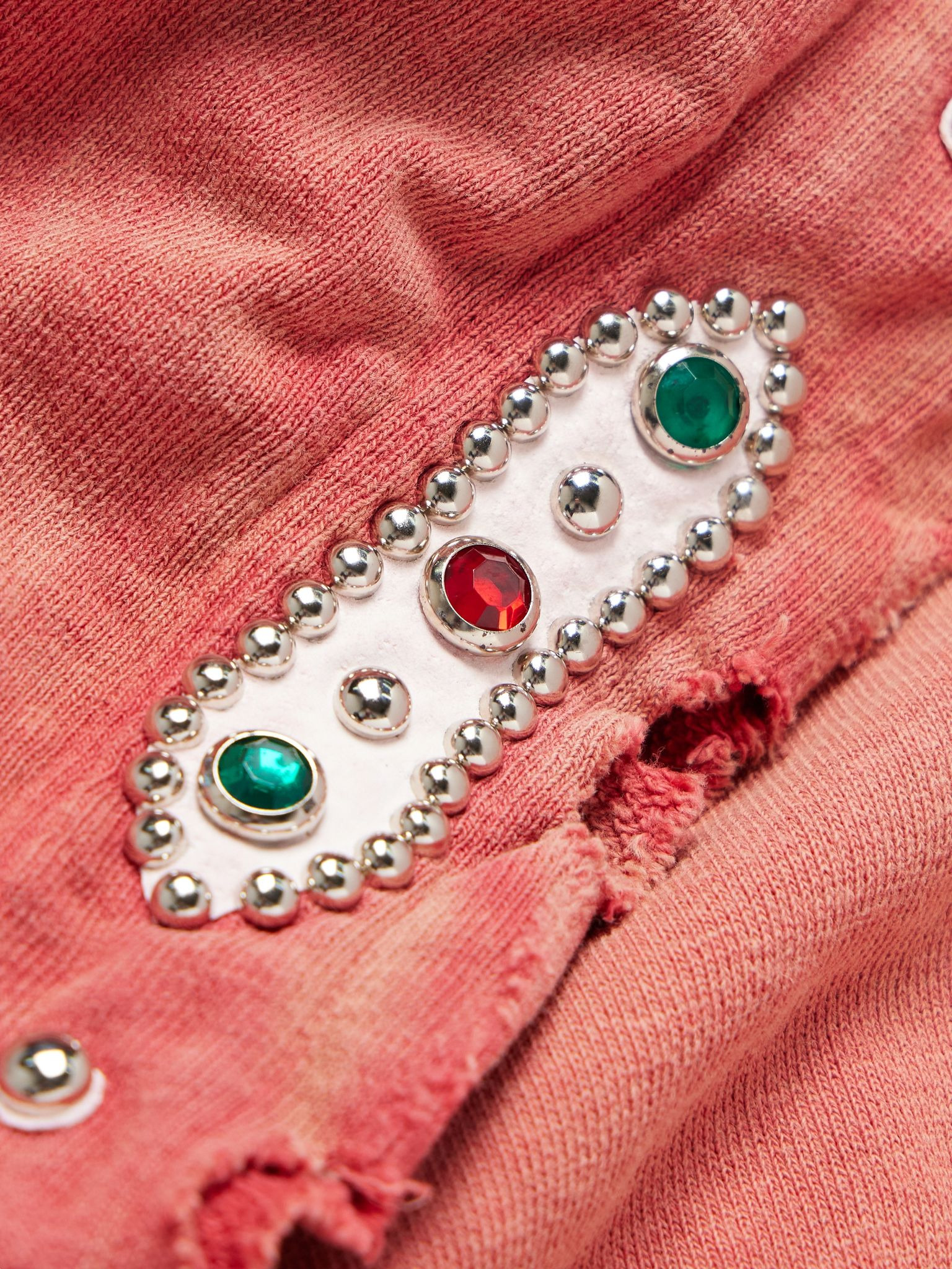 Embellished Suede-Trimmed Distressed Cotton-Jersey Hoodie Red - 4