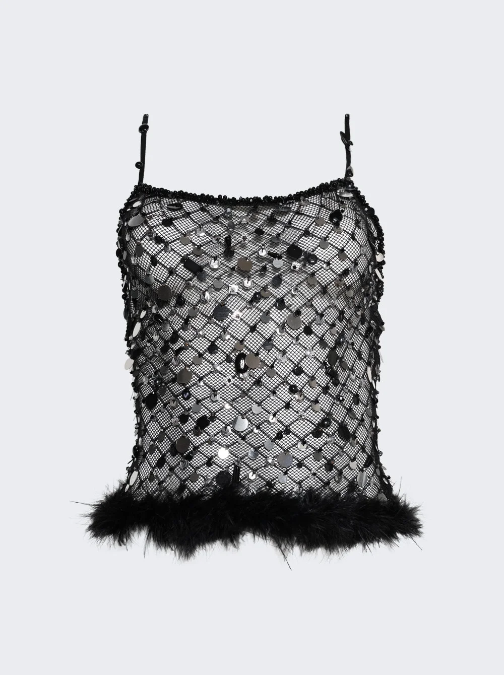 Embellished Fishnet Top With Feathers Black - 1