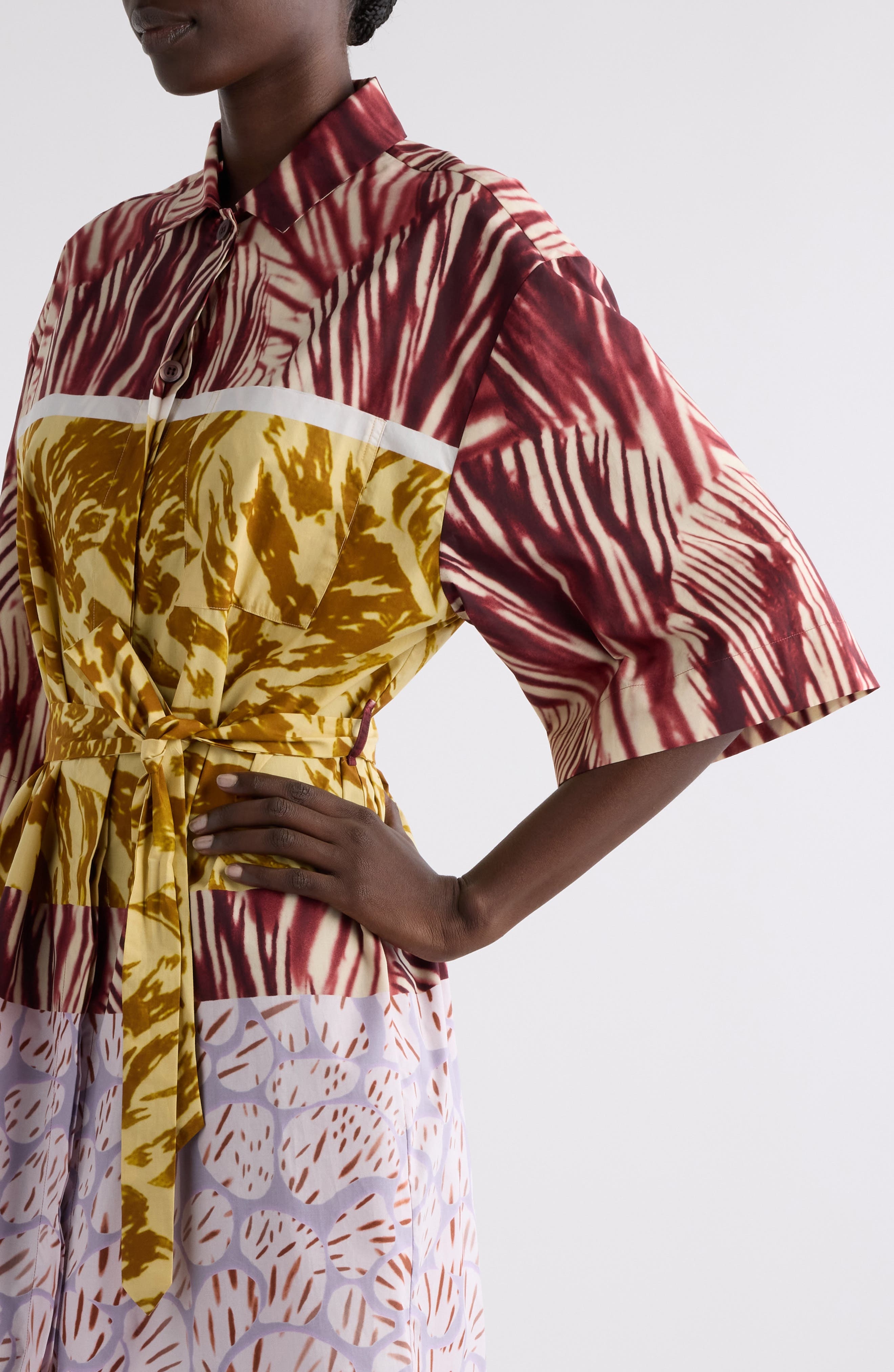 Dries Van Noten Doralia Mixed Print Belted Shirtdress in Burgundy at Nordstrom - 4