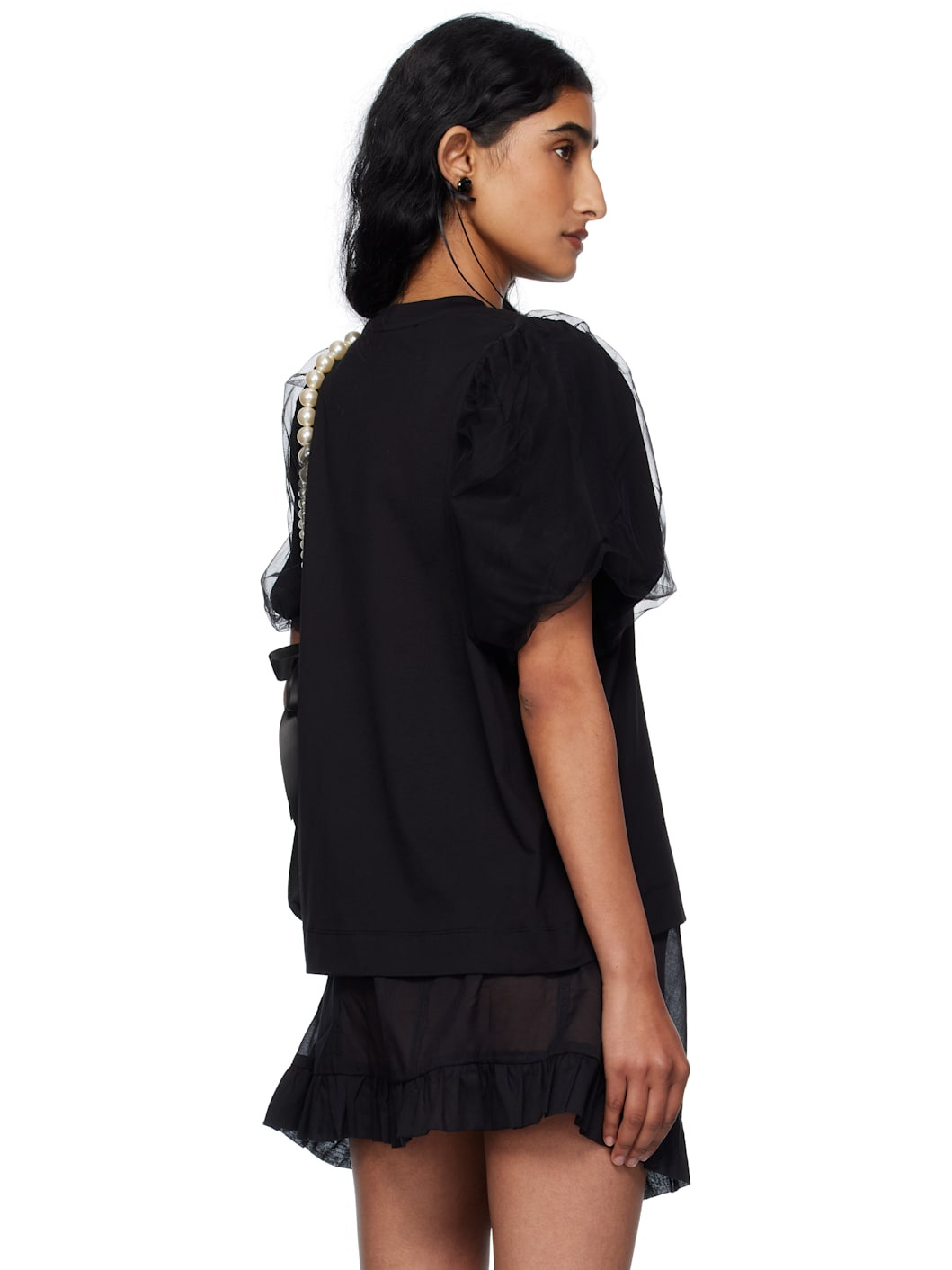 Black Tulle Overlay Puff Sleeve T-shirt - 3