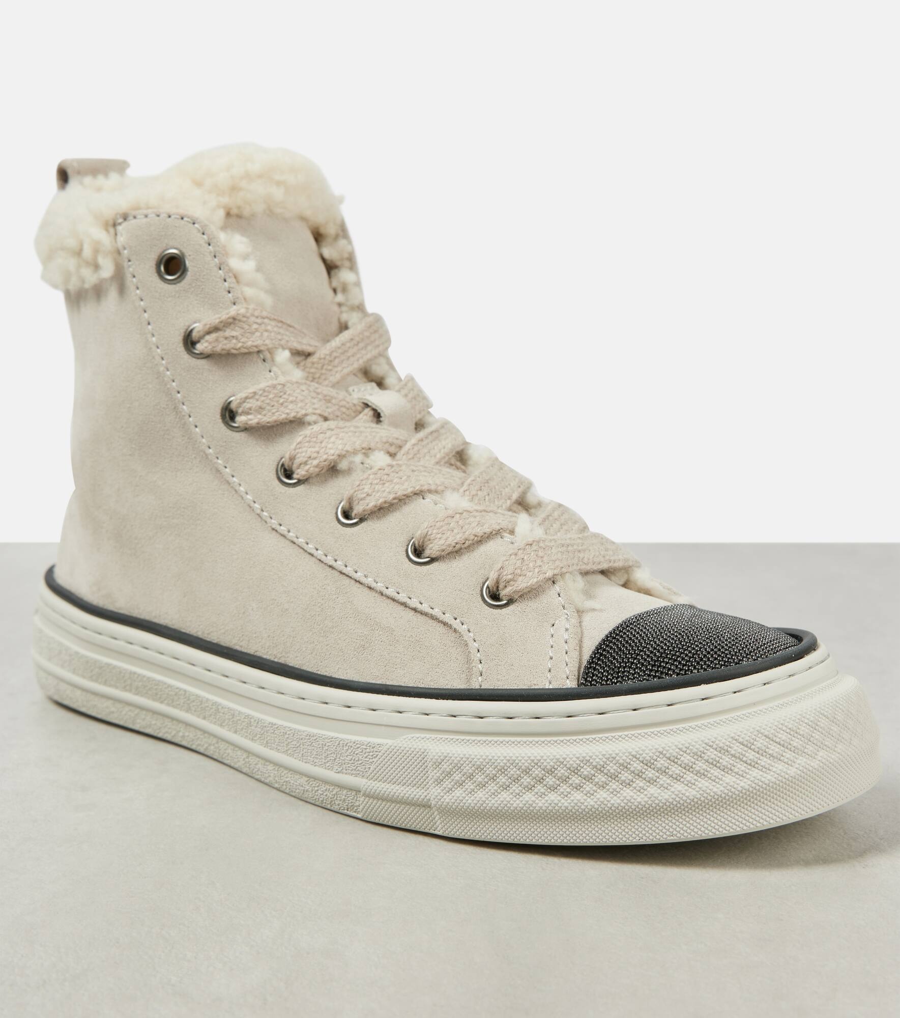 Shearling-trimmed suede high-top sneakers - 6