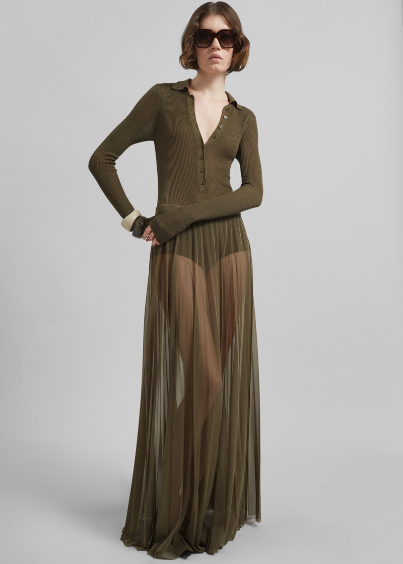 Vallen Pleated Mesh Maxi Skirt - Khaki 1