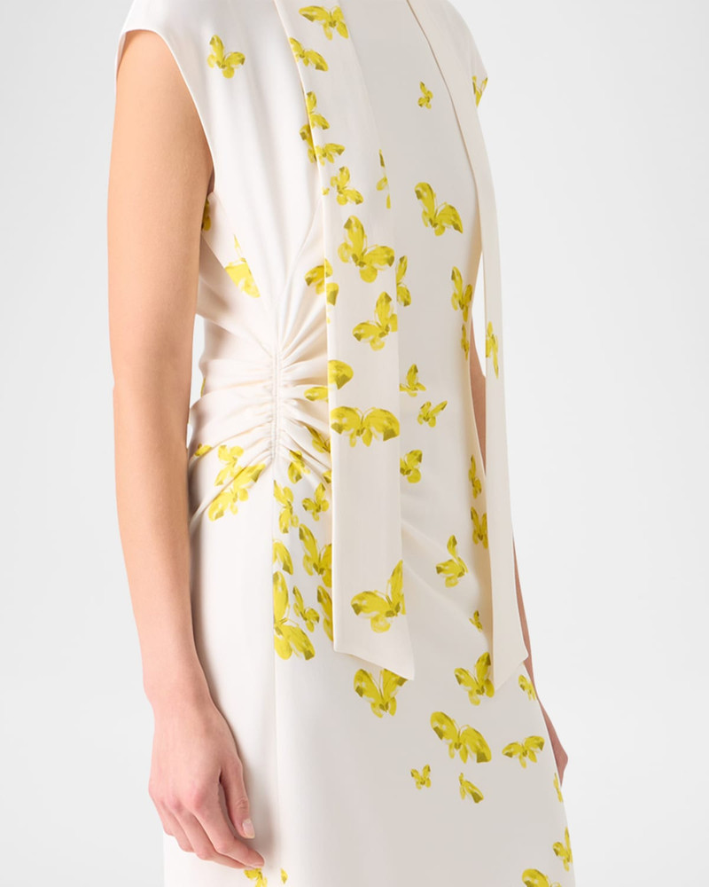 Butterfly-Print Viscose Crepon Ruched Midi Dress With Scarf 5