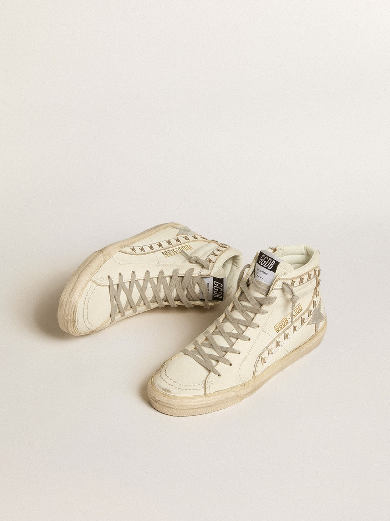 Golden Goose Slide with silver metallic leather star and leather flash with stars outlook