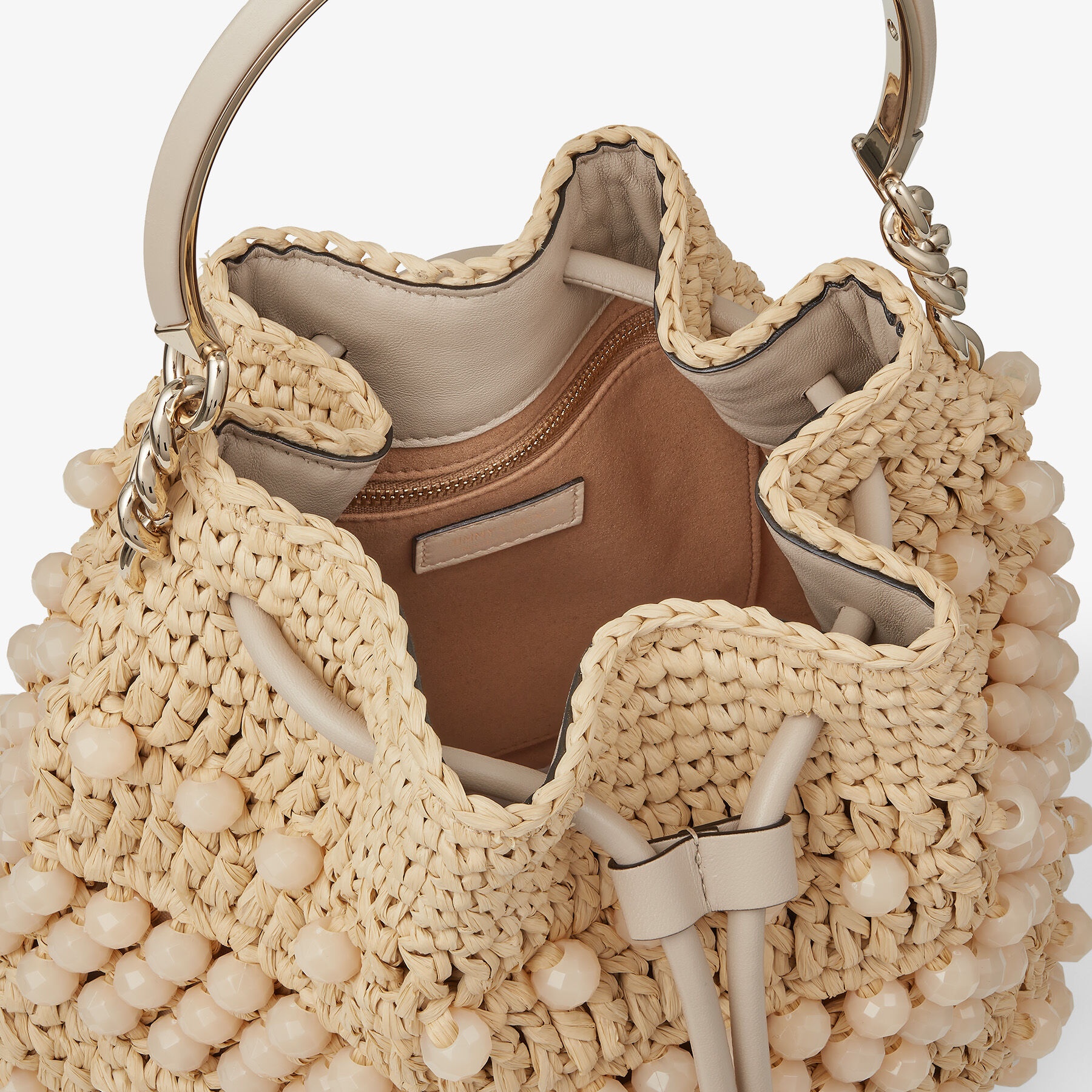 Bon Bon Bucket
Natural Beaded Raffia and Smooth Leather Bucket Bag - 3