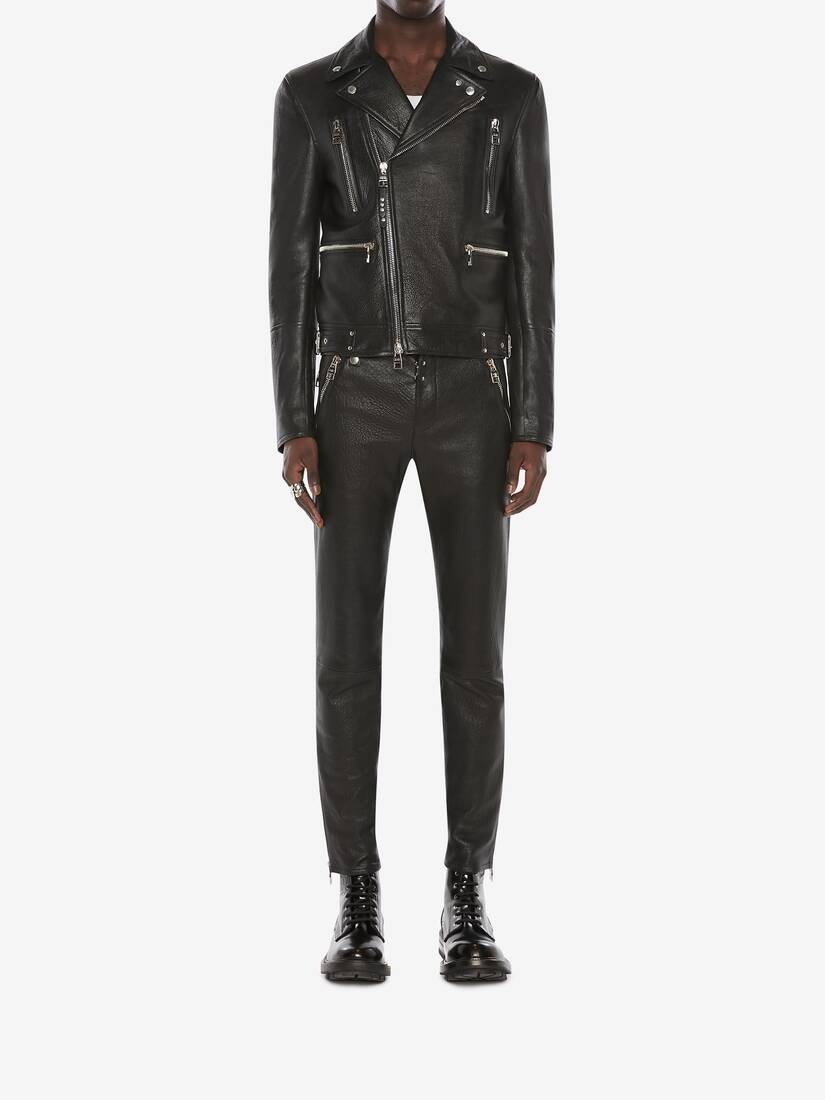 Men's McQueen Classic Leather Biker Jacket in Black - 4