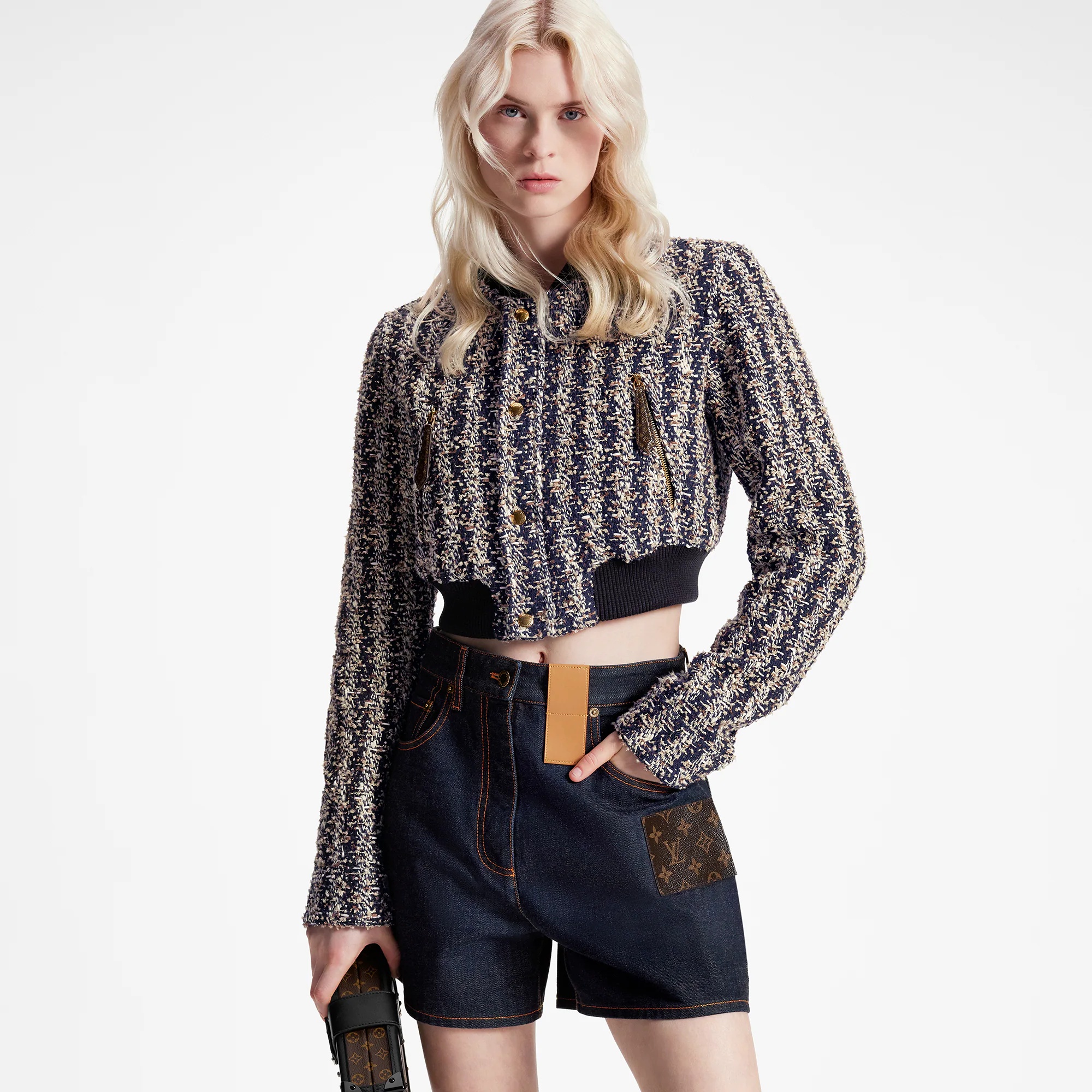 Lurex Tweed Cropped Bomber Jacket - 5