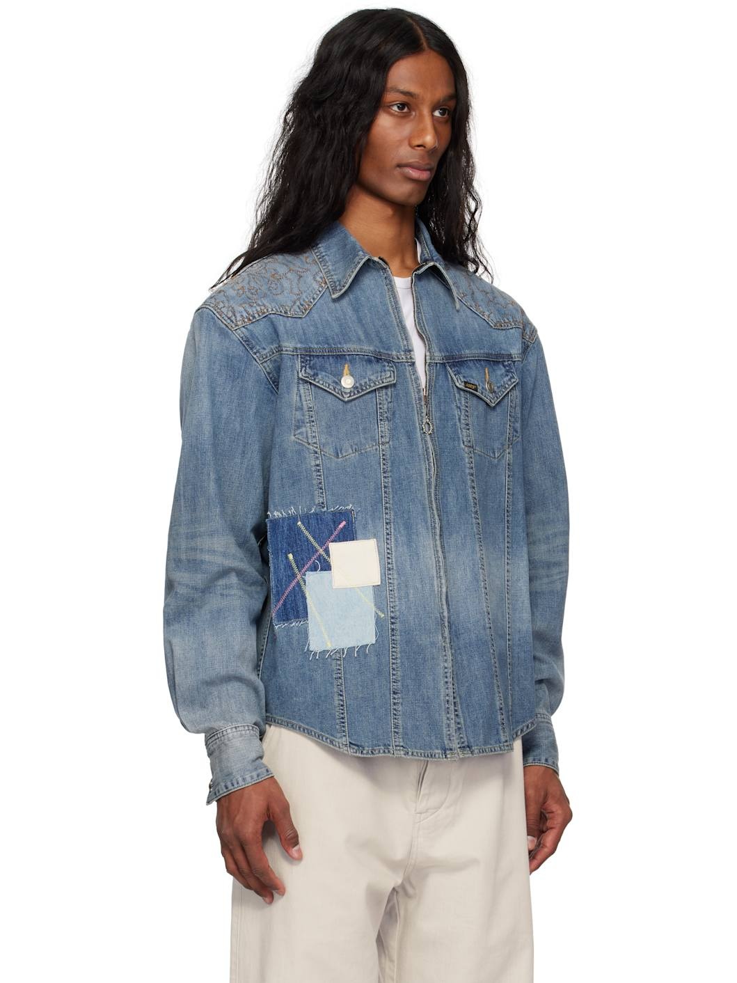 Blue Embroidery Patchwork Denim Shirt - 2